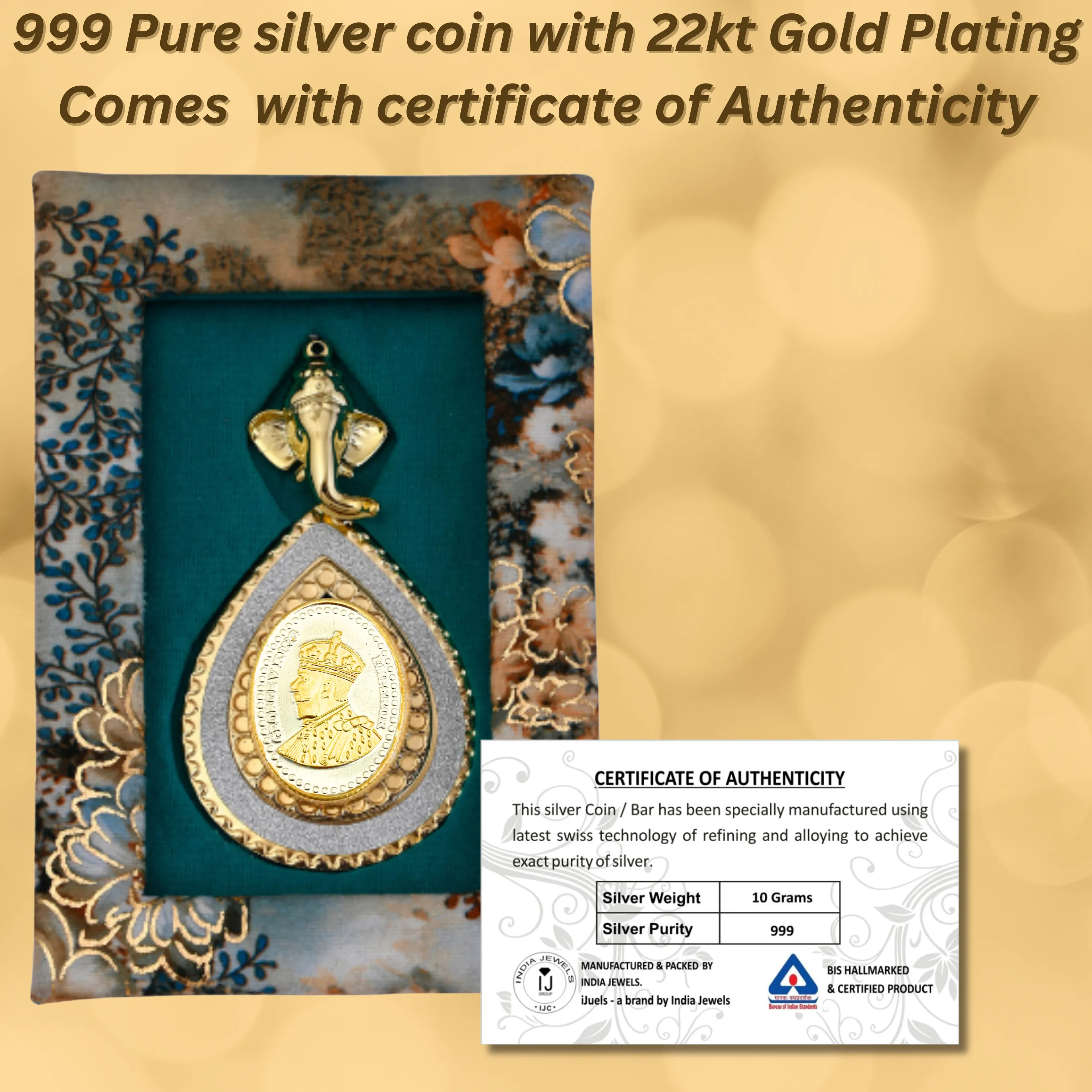 10 Grams 999 pure silver oval shape king 10 Grams Pure Silver coin (10 Grams Coin – 1 Piece) with 22kt Gold Plating in a gift box