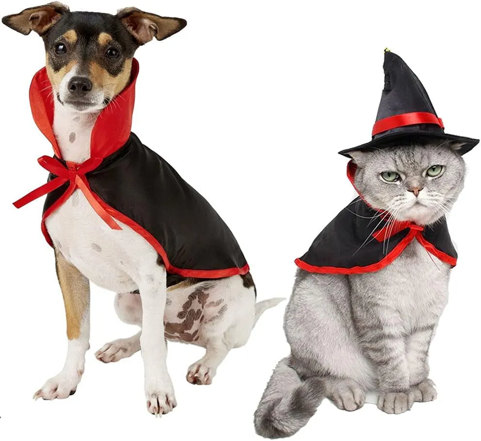 4 Pieces Halloween Pet Costume Set Bat Wings Witch Cloak Wizard Hat for Cats and Small Dogs Cute Puppy Cat Dress up Accessories Cosplay Halloween Party Decorations (Halloween)