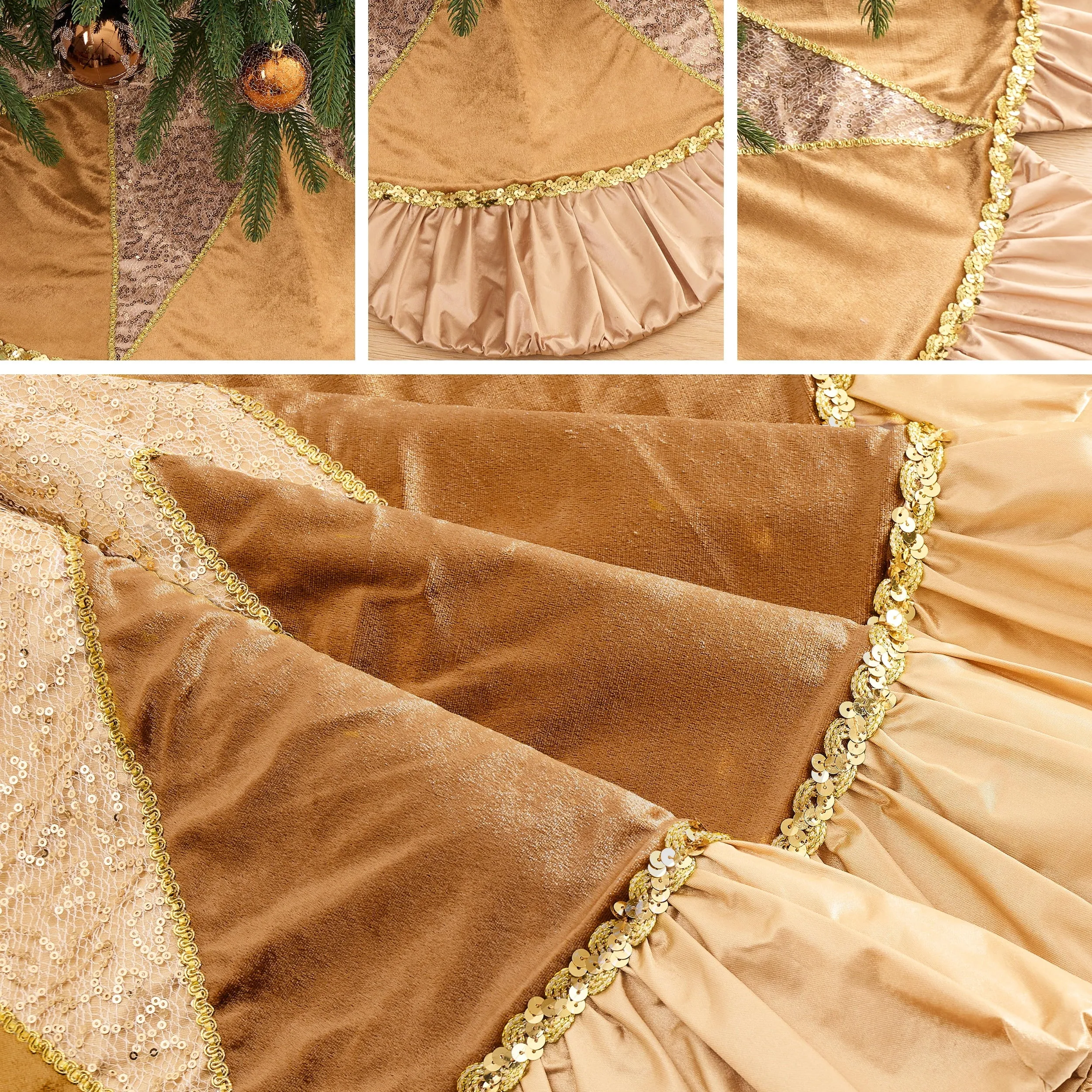 48" Christmas Tree Skirt, Luxury Gold Large Christmas Tree Skirt with Gold Sequin Trim