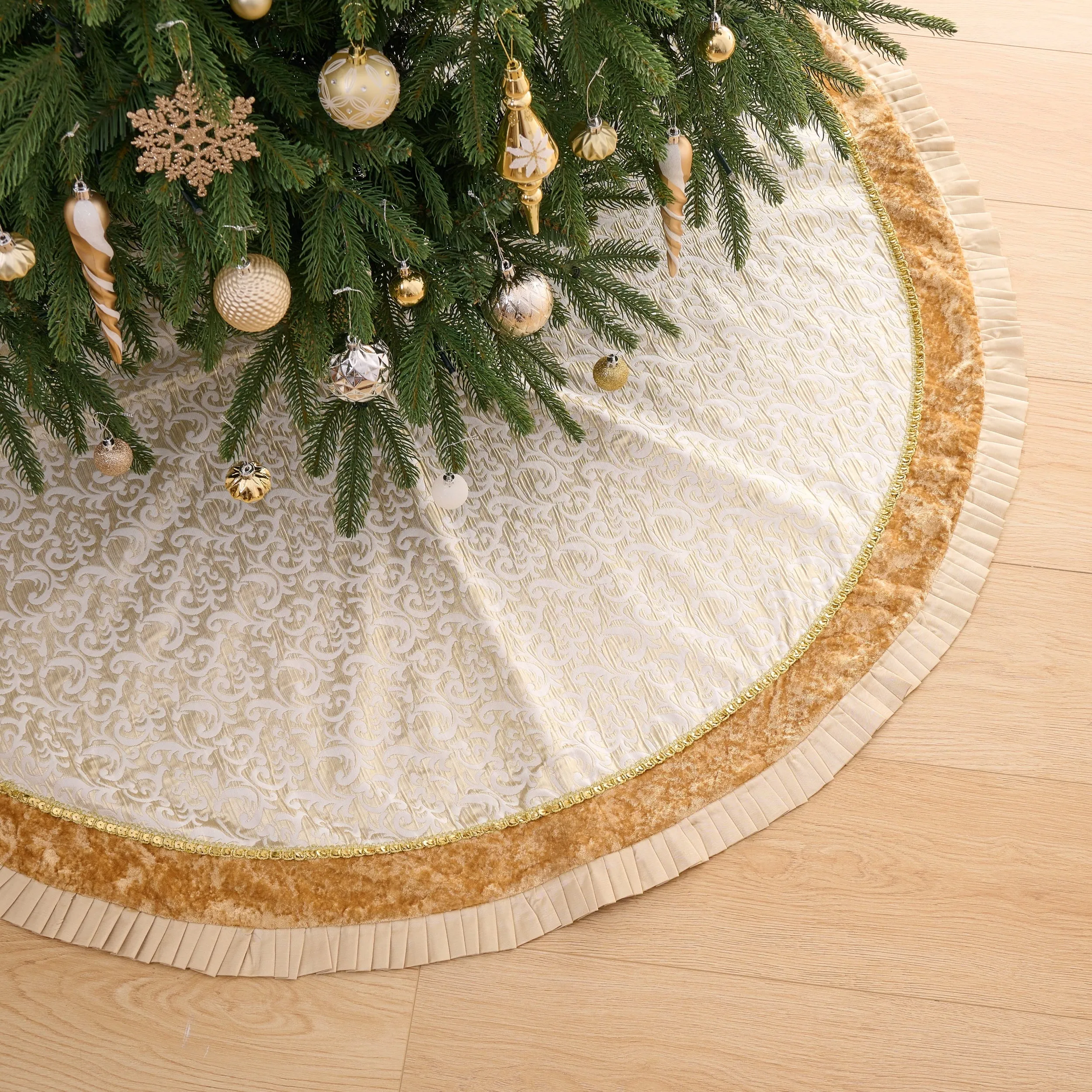 48" Christmas Tree Skirt, Luxury Gold Large Christmas Tree Skirt with Gold Sequin Trim