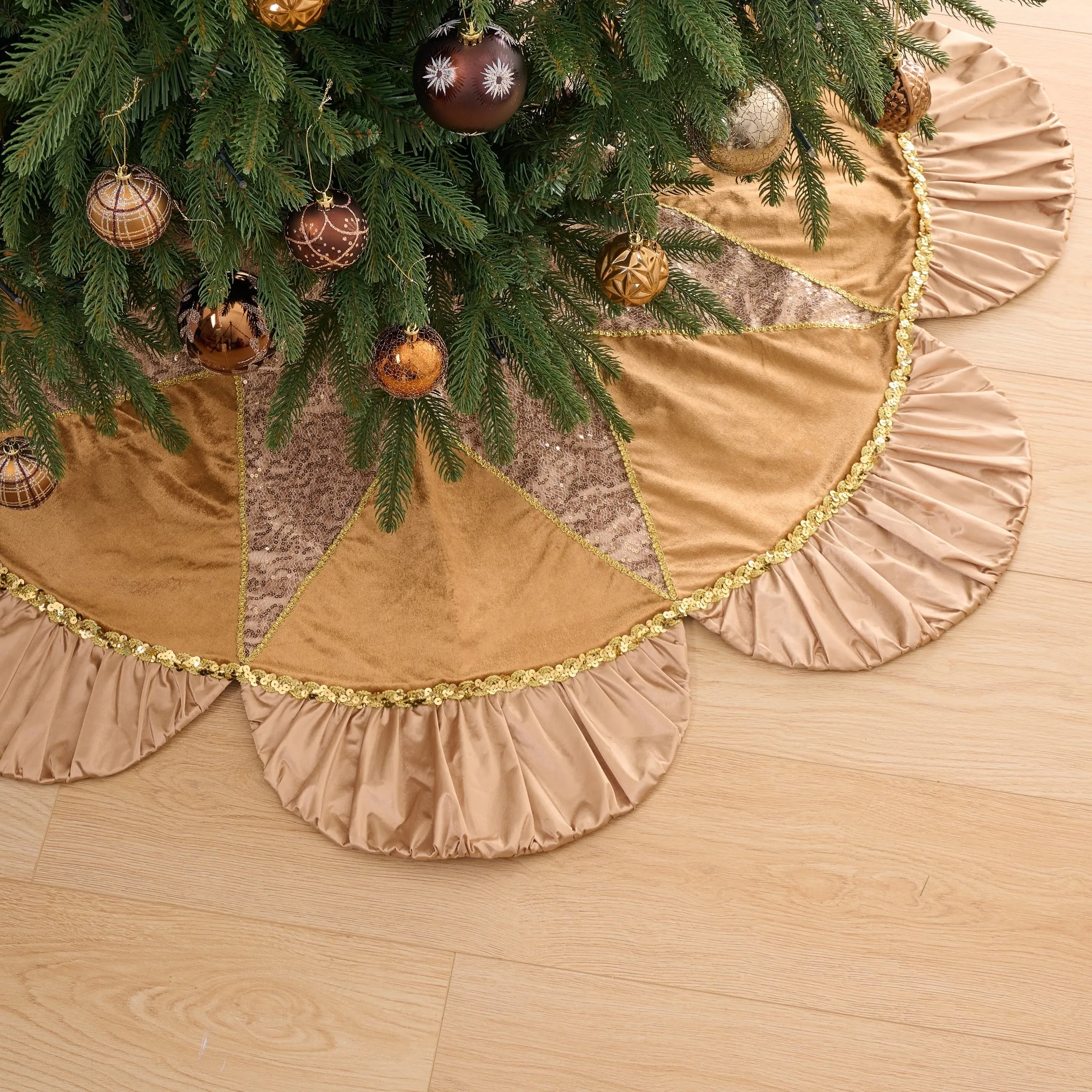 48" Christmas Tree Skirt, Luxury Gold Large Christmas Tree Skirt with Gold Sequin Trim