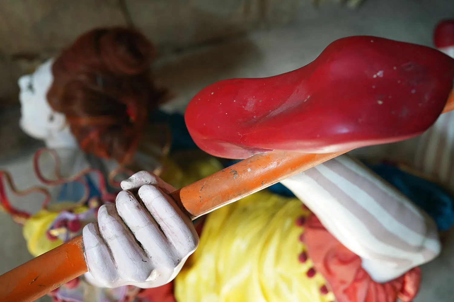 A 20thC Lifesize Painted Plaster & Silk Theatre Prop Model of an Acrobatic Clown by Mark Thompson