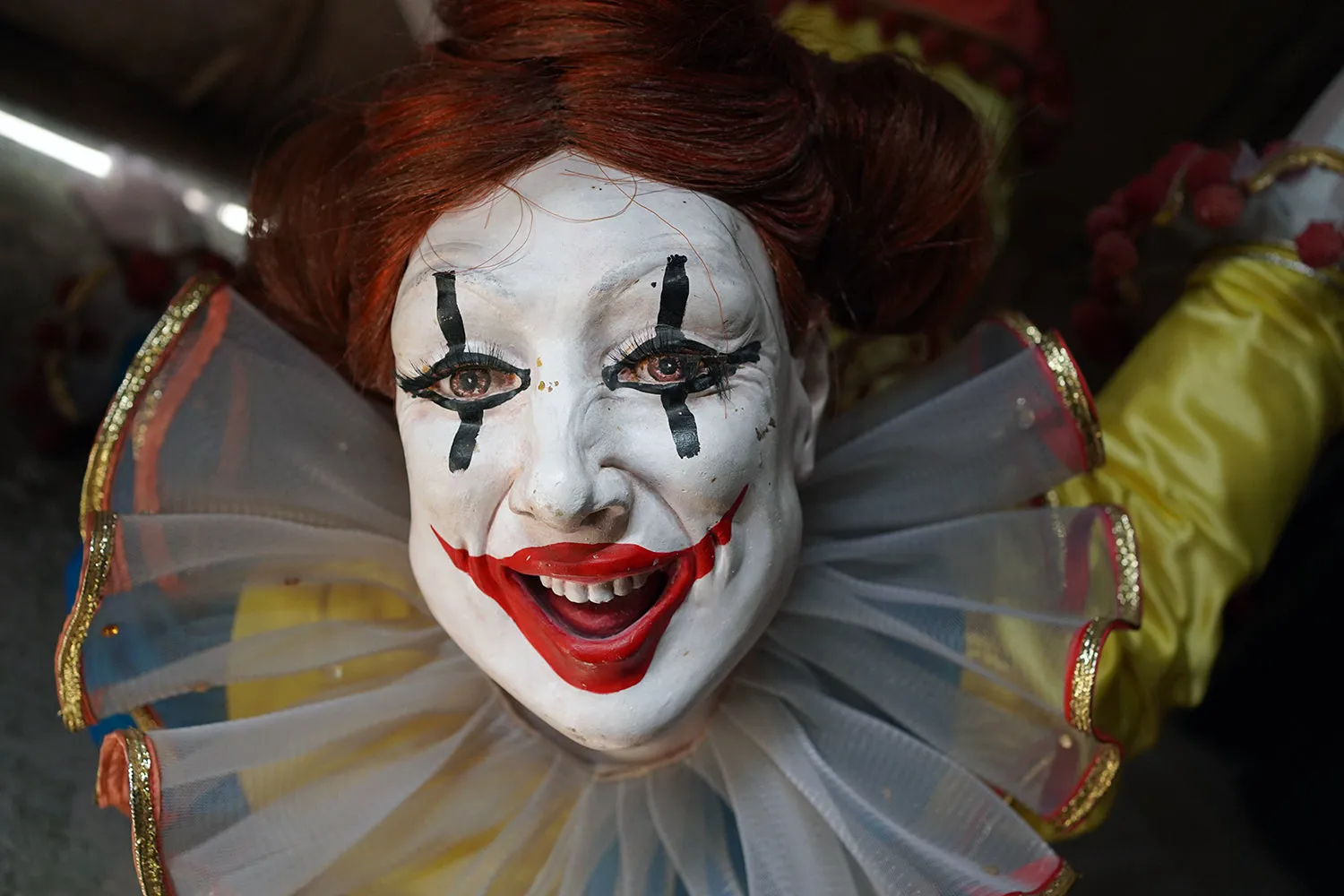 A 20thC Lifesize Painted Plaster & Silk Theatre Prop Model of an Acrobatic Clown by Mark Thompson