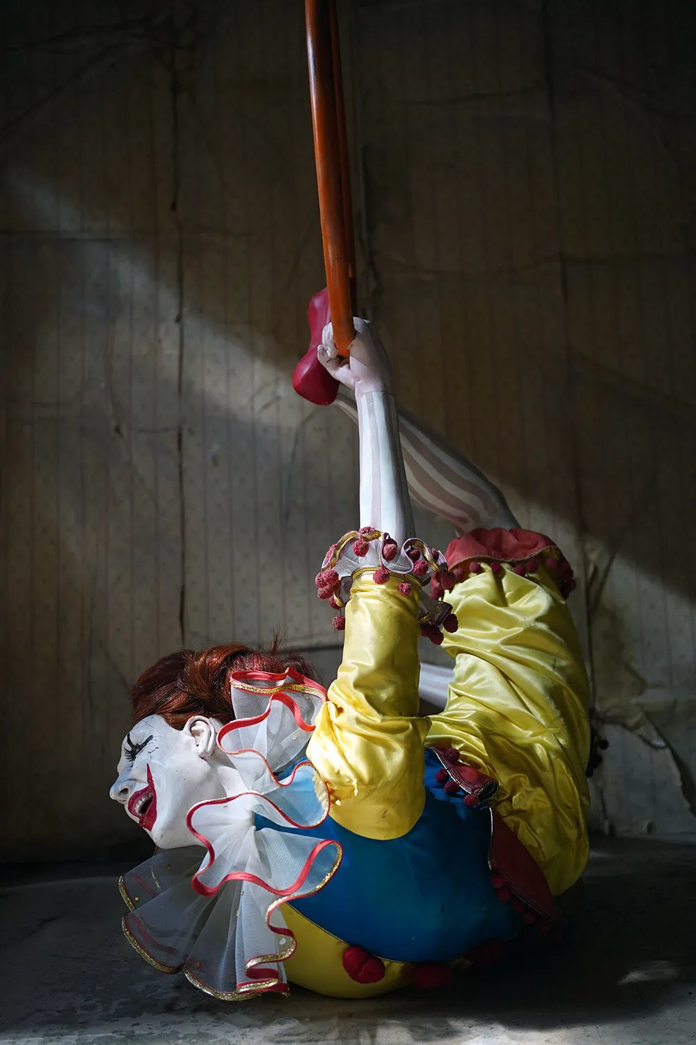 A 20thC Lifesize Painted Plaster & Silk Theatre Prop Model of an Acrobatic Clown by Mark Thompson