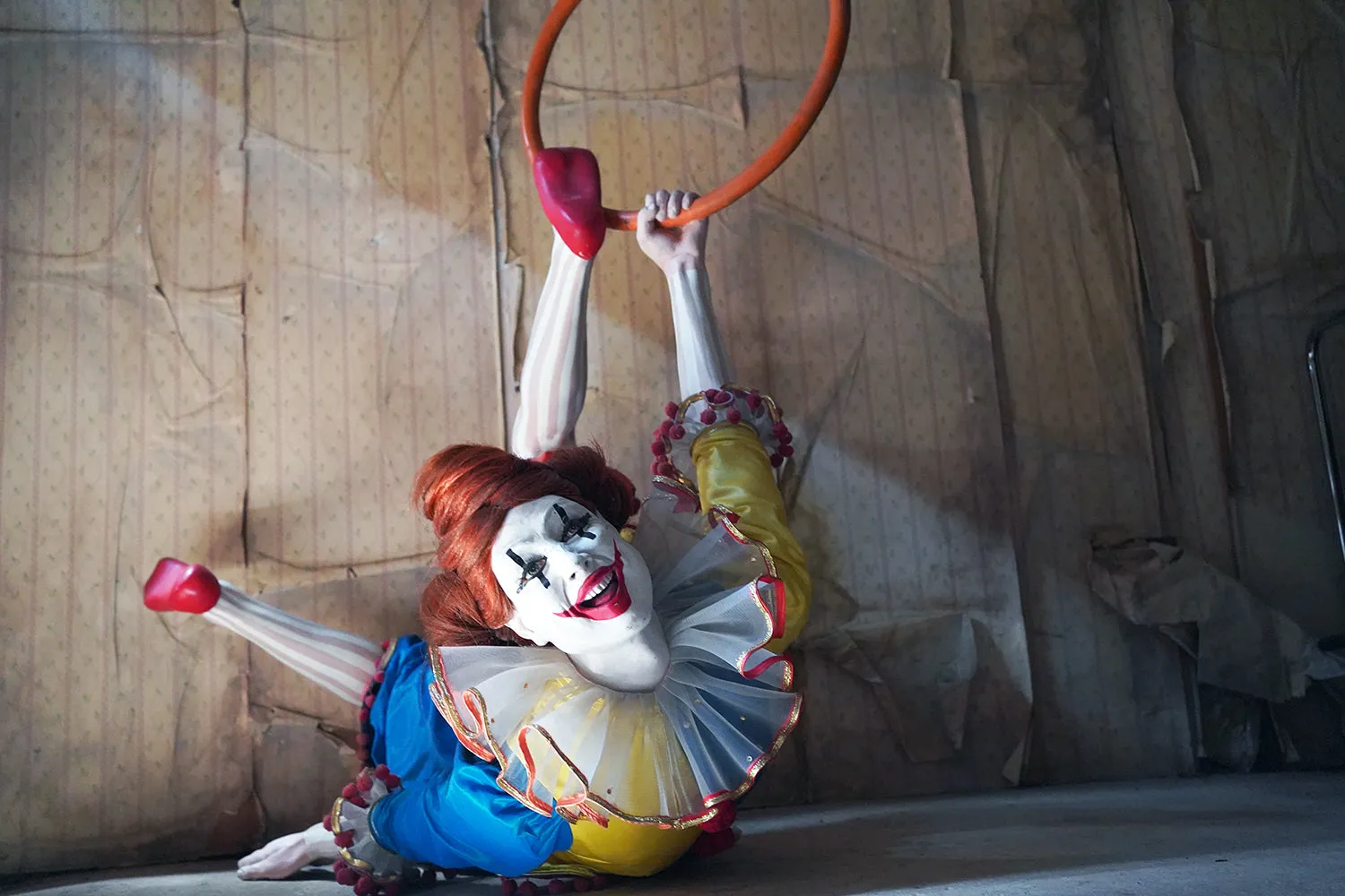 A 20thC Lifesize Painted Plaster & Silk Theatre Prop Model of an Acrobatic Clown by Mark Thompson