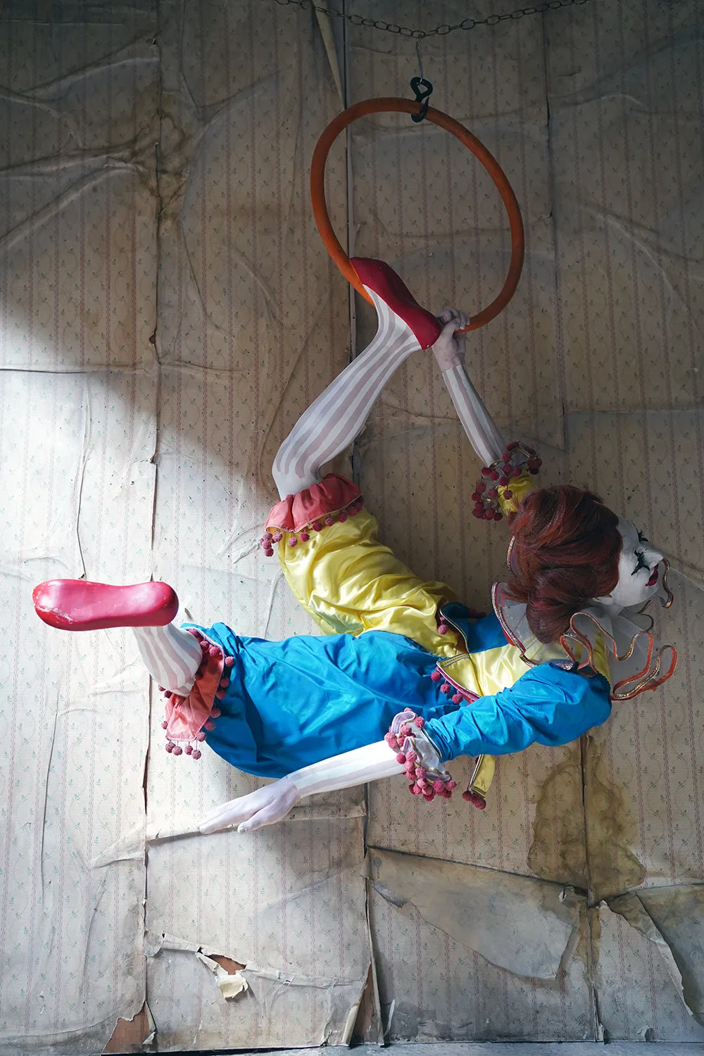 A 20thC Lifesize Painted Plaster & Silk Theatre Prop Model of an Acrobatic Clown by Mark Thompson