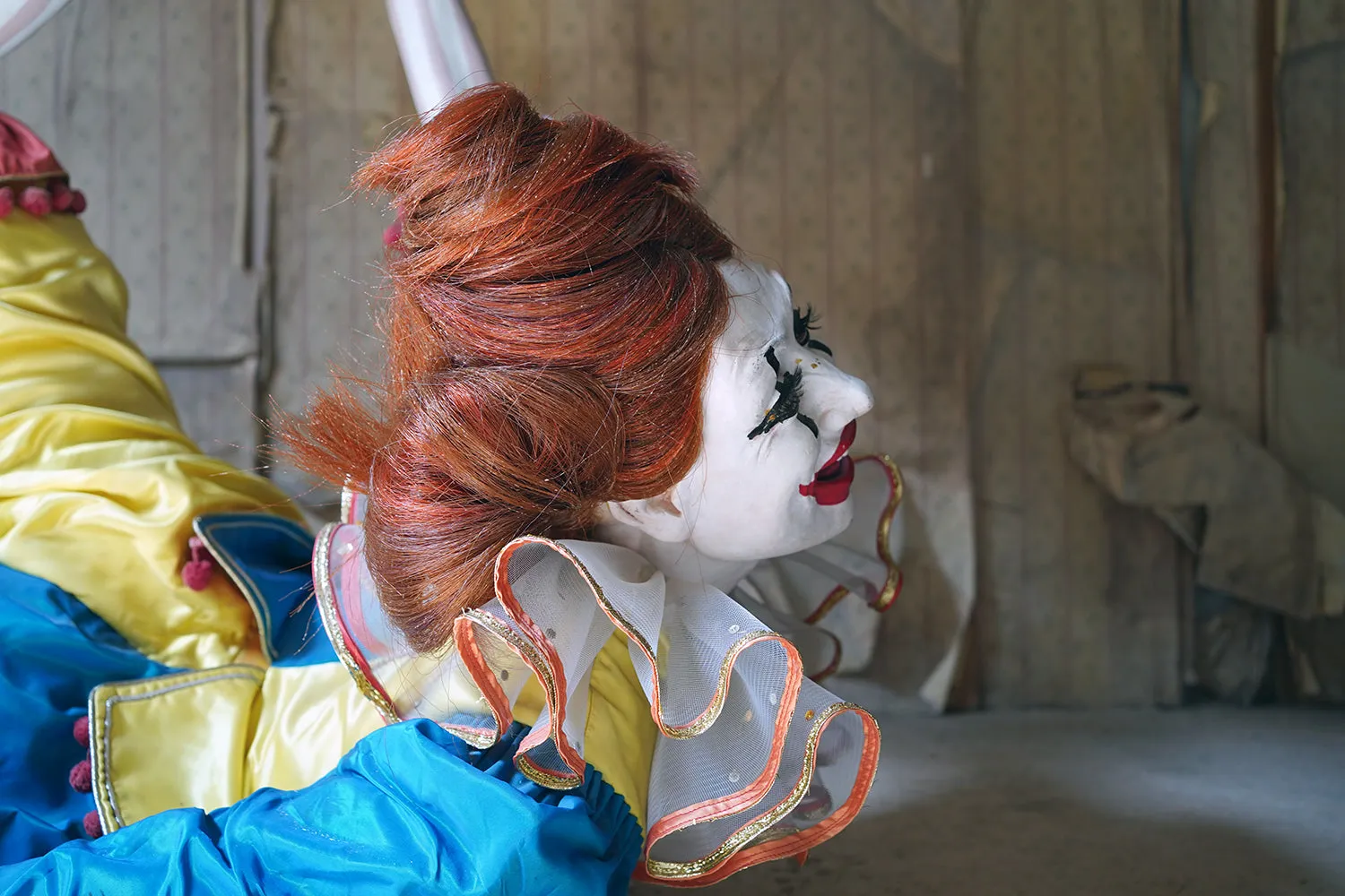 A 20thC Lifesize Painted Plaster & Silk Theatre Prop Model of an Acrobatic Clown by Mark Thompson