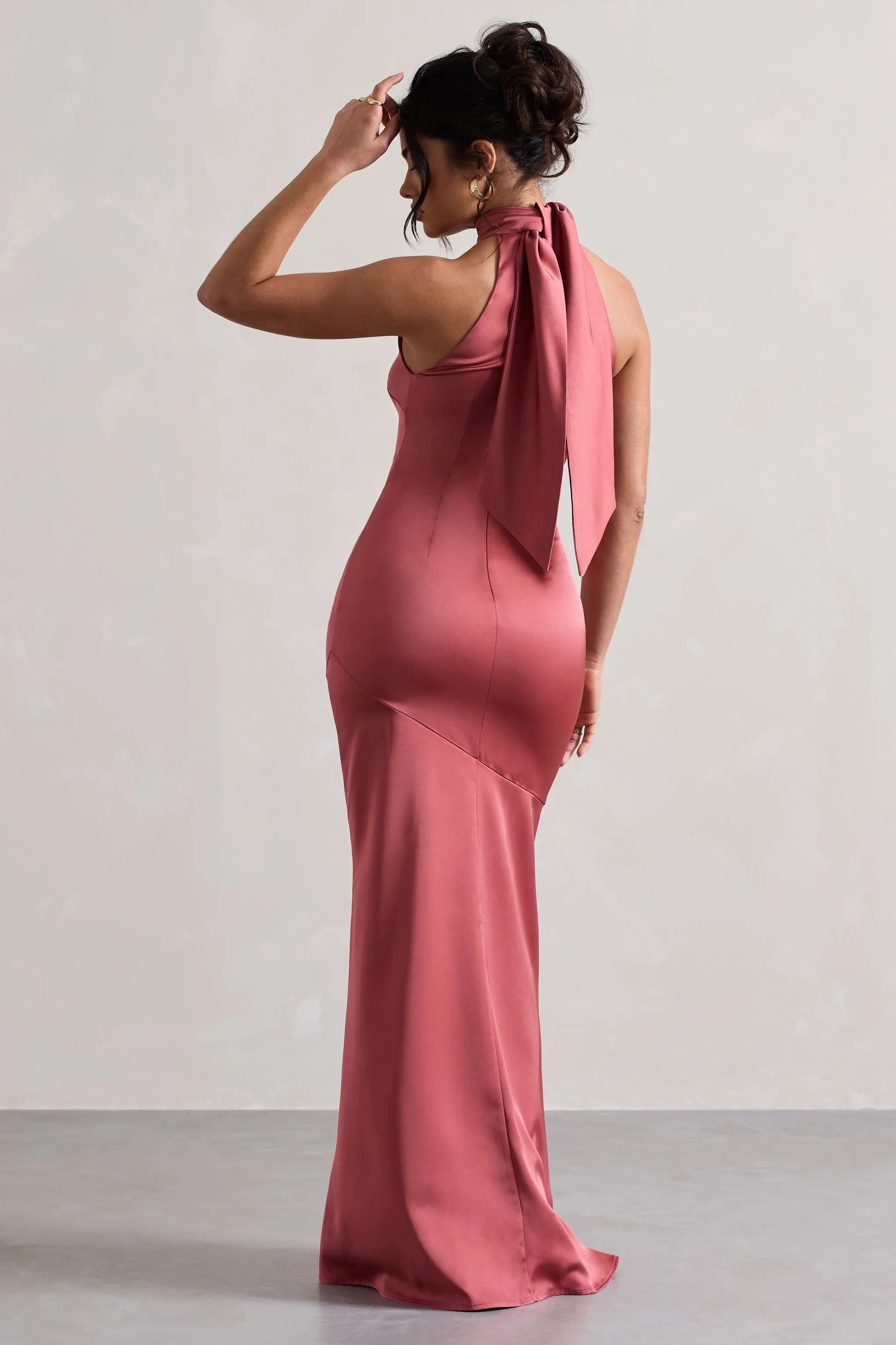 Adoria | Vintage Berry Satin High-Neck Maxi Dress