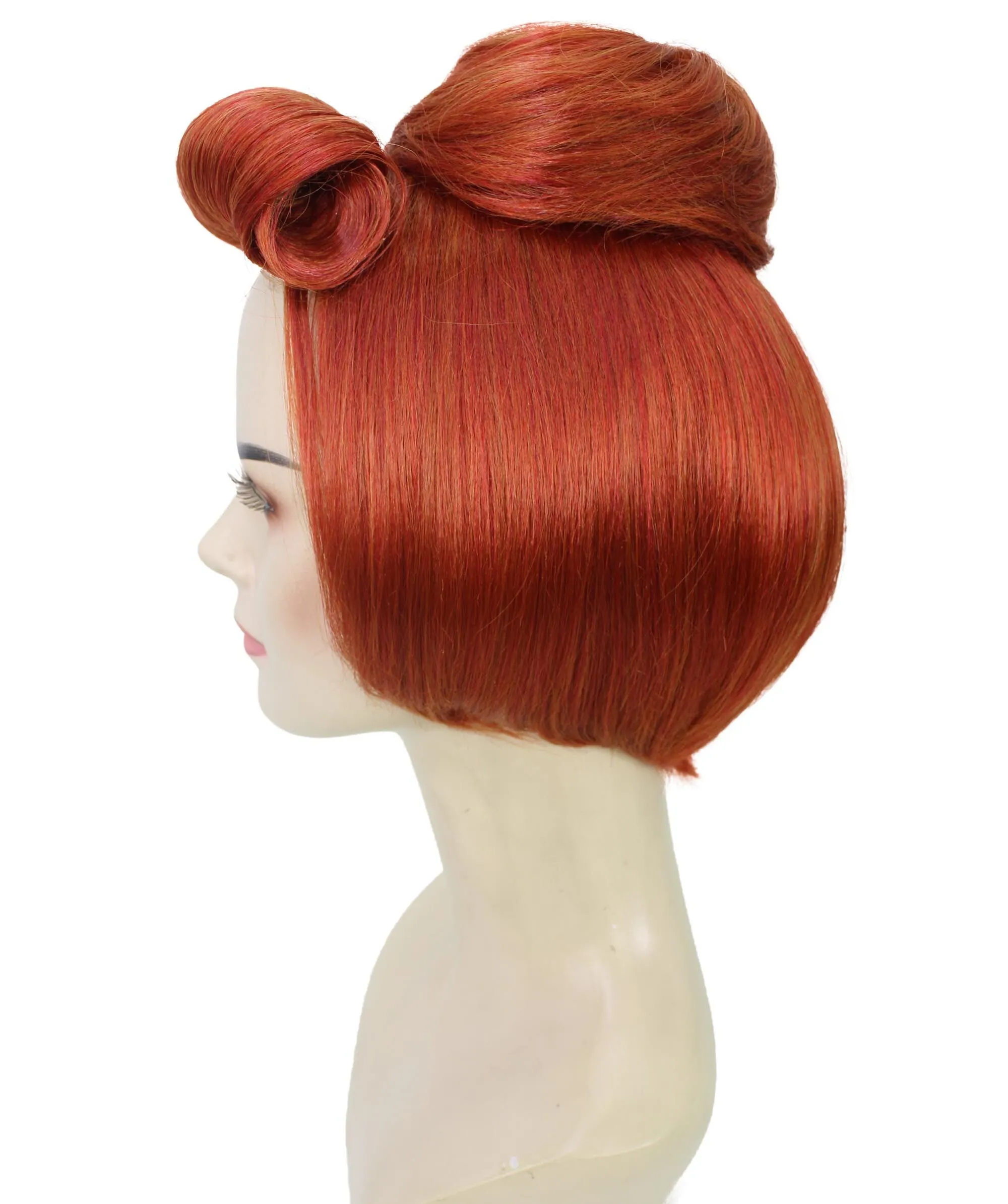 Adult Women's Short Red Vintage Cartoon Character Updo Party Bun Wig | Perfect for Halloween | Flame-retardant Synthetic Fiber