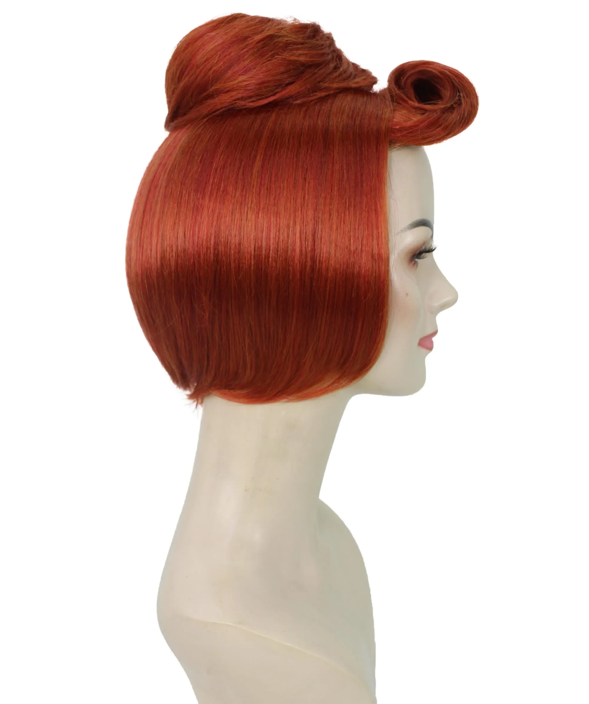 Adult Women's Short Red Vintage Cartoon Character Updo Party Bun Wig | Perfect for Halloween | Flame-retardant Synthetic Fiber