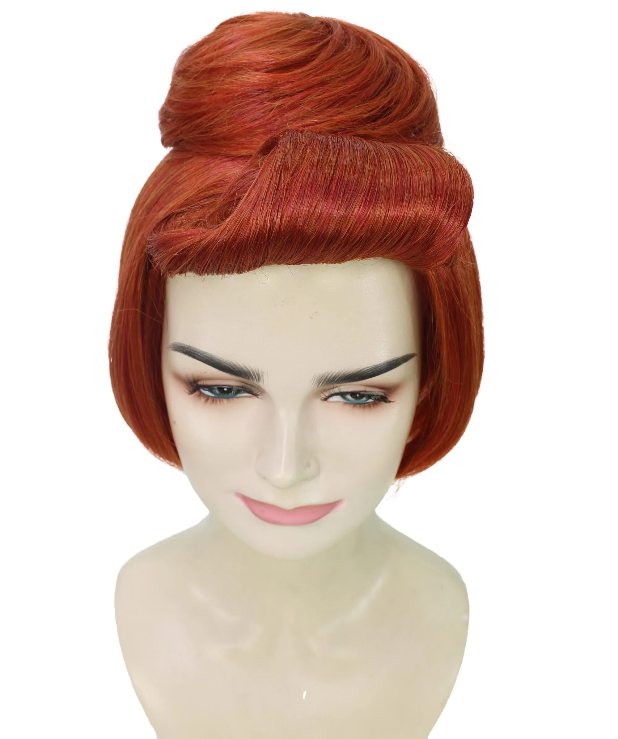 Adult Women's Short Red Vintage Cartoon Character Updo Party Bun Wig | Perfect for Halloween | Flame-retardant Synthetic Fiber