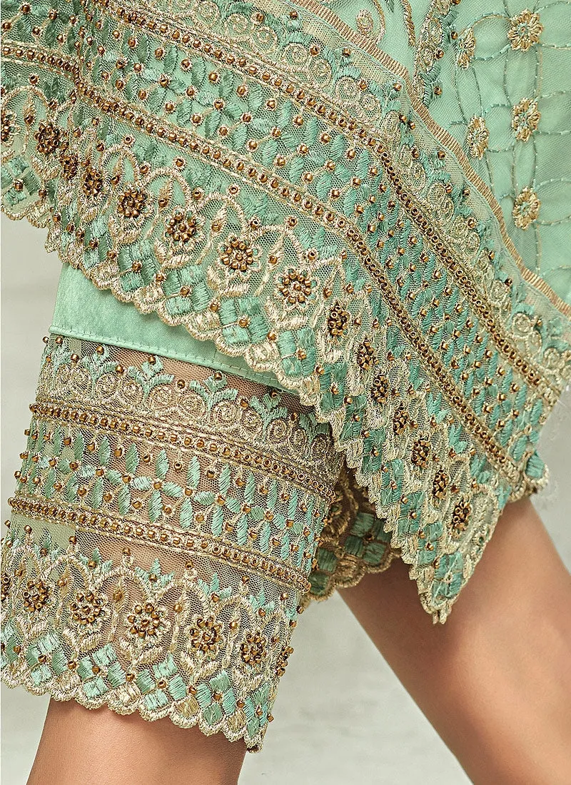 Aqua Blue Pakistani Embroidered Pant Suit