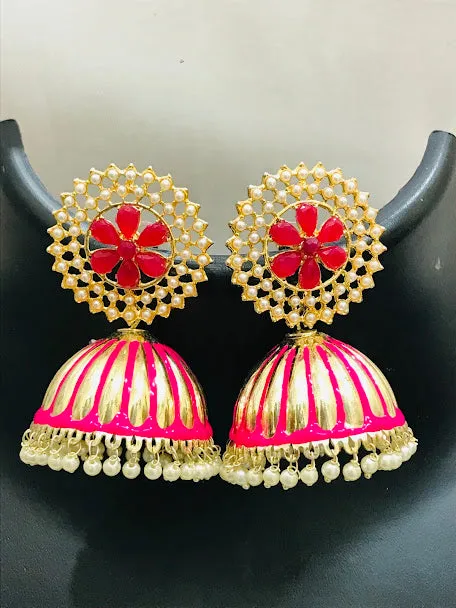 Attractive Pink Color Gold Plated Earrings