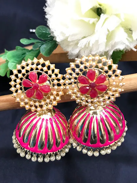 Attractive Pink Color Gold Plated Earrings