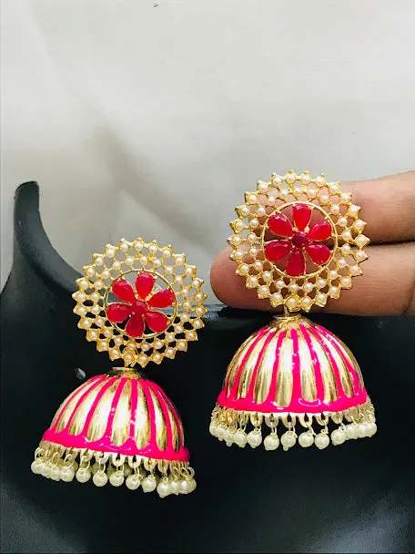 Attractive Pink Color Gold Plated Earrings