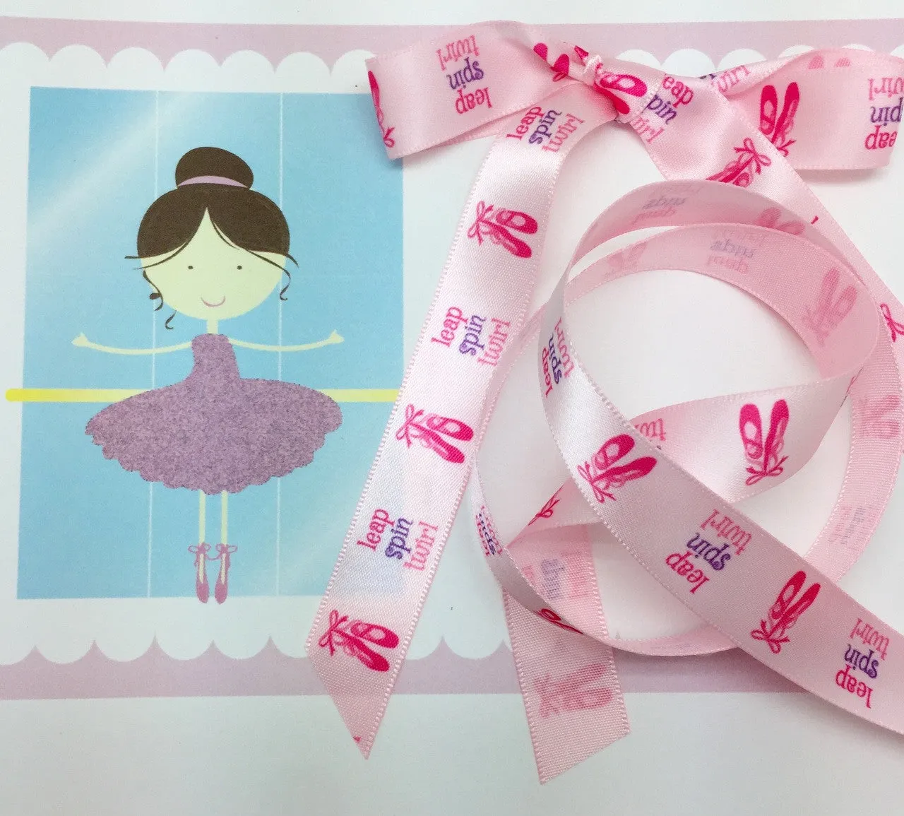 Ballet Ribbon printed on 5/8" light pink single face satin ribbon