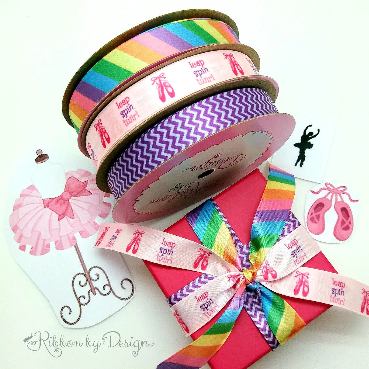 Ballet Ribbon printed on 5/8" light pink single face satin ribbon