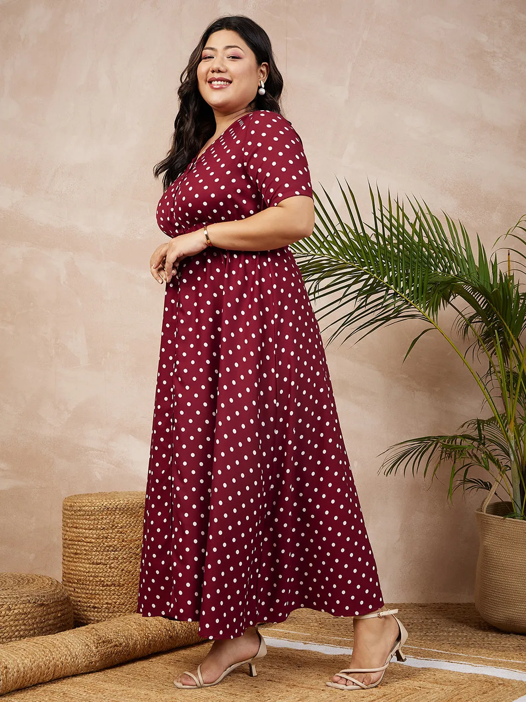 Berrylush Women Plus Size Red & White Polka Dot Printed V-Neck Front Button-Up A-Line Maxi Dress