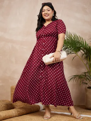 Berrylush Women Plus Size Red & White Polka Dot Printed V-Neck Front Button-Up A-Line Maxi Dress