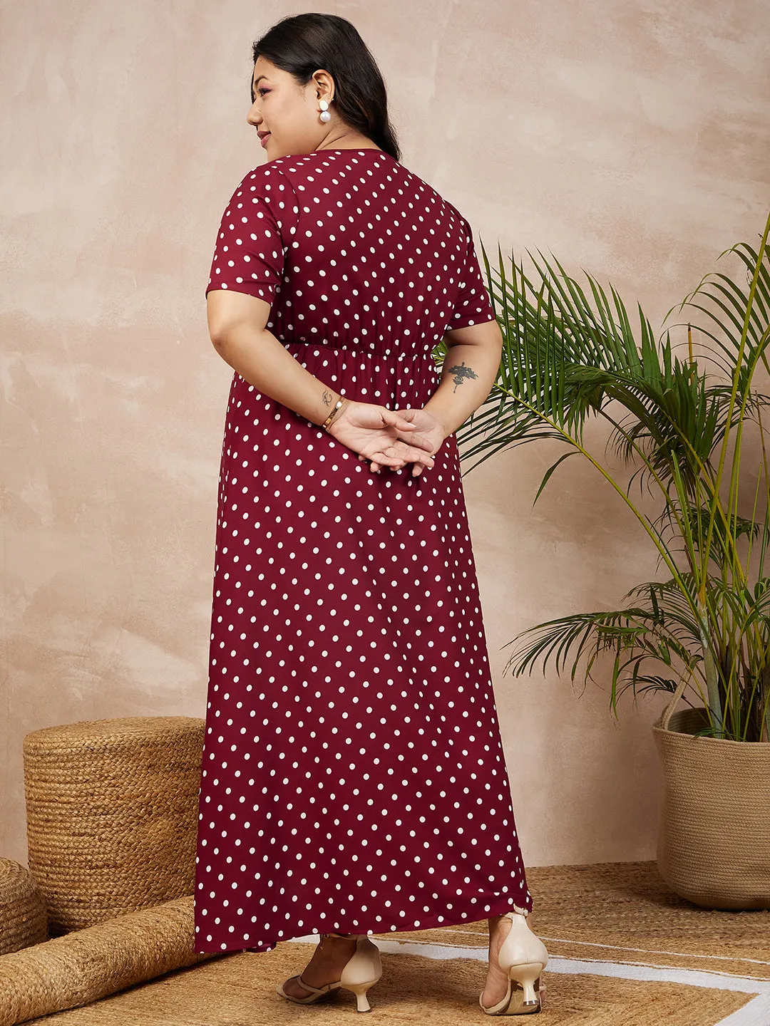 Berrylush Women Plus Size Red & White Polka Dot Printed V-Neck Front Button-Up A-Line Maxi Dress