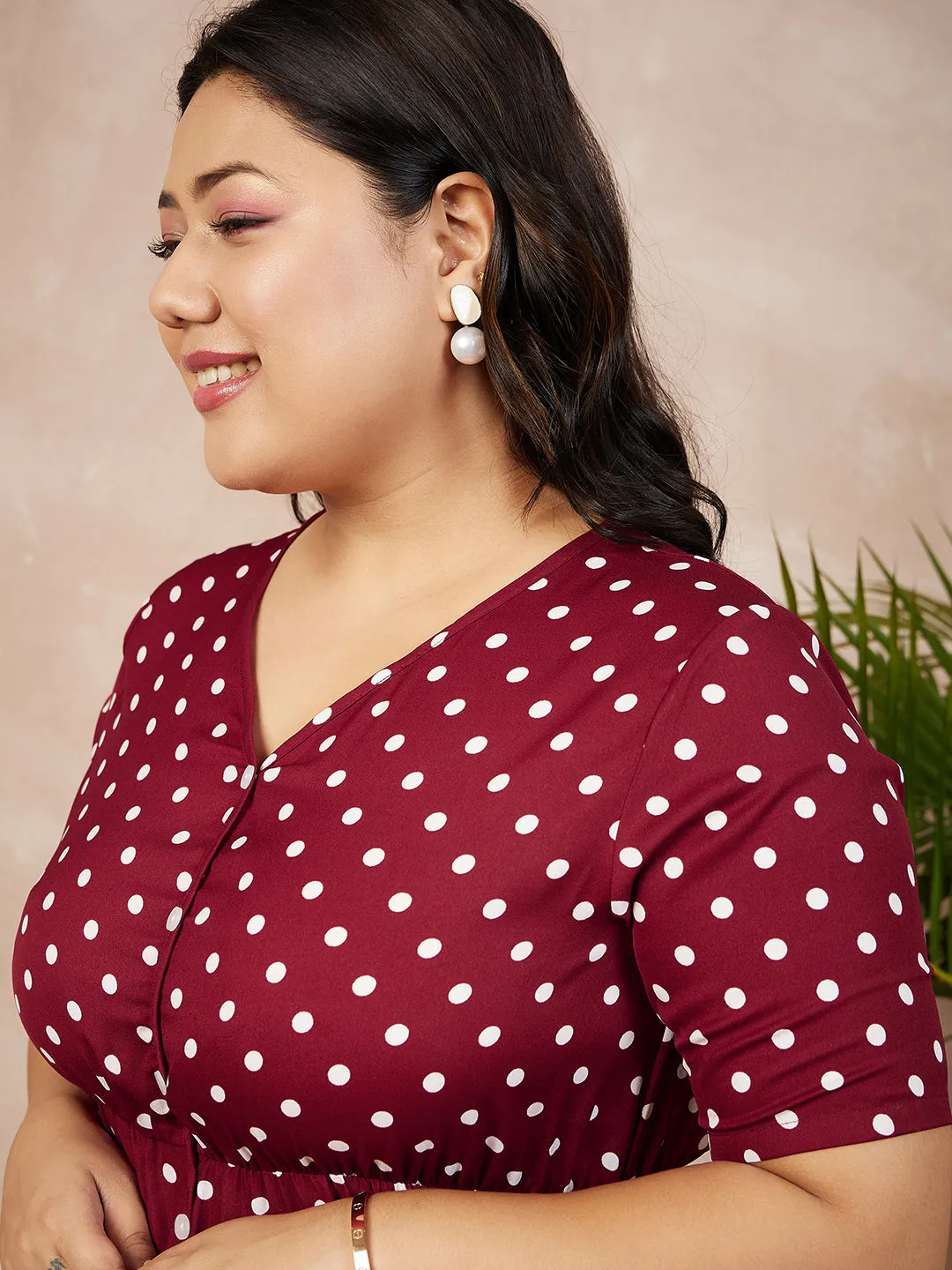 Berrylush Women Plus Size Red & White Polka Dot Printed V-Neck Front Button-Up A-Line Maxi Dress