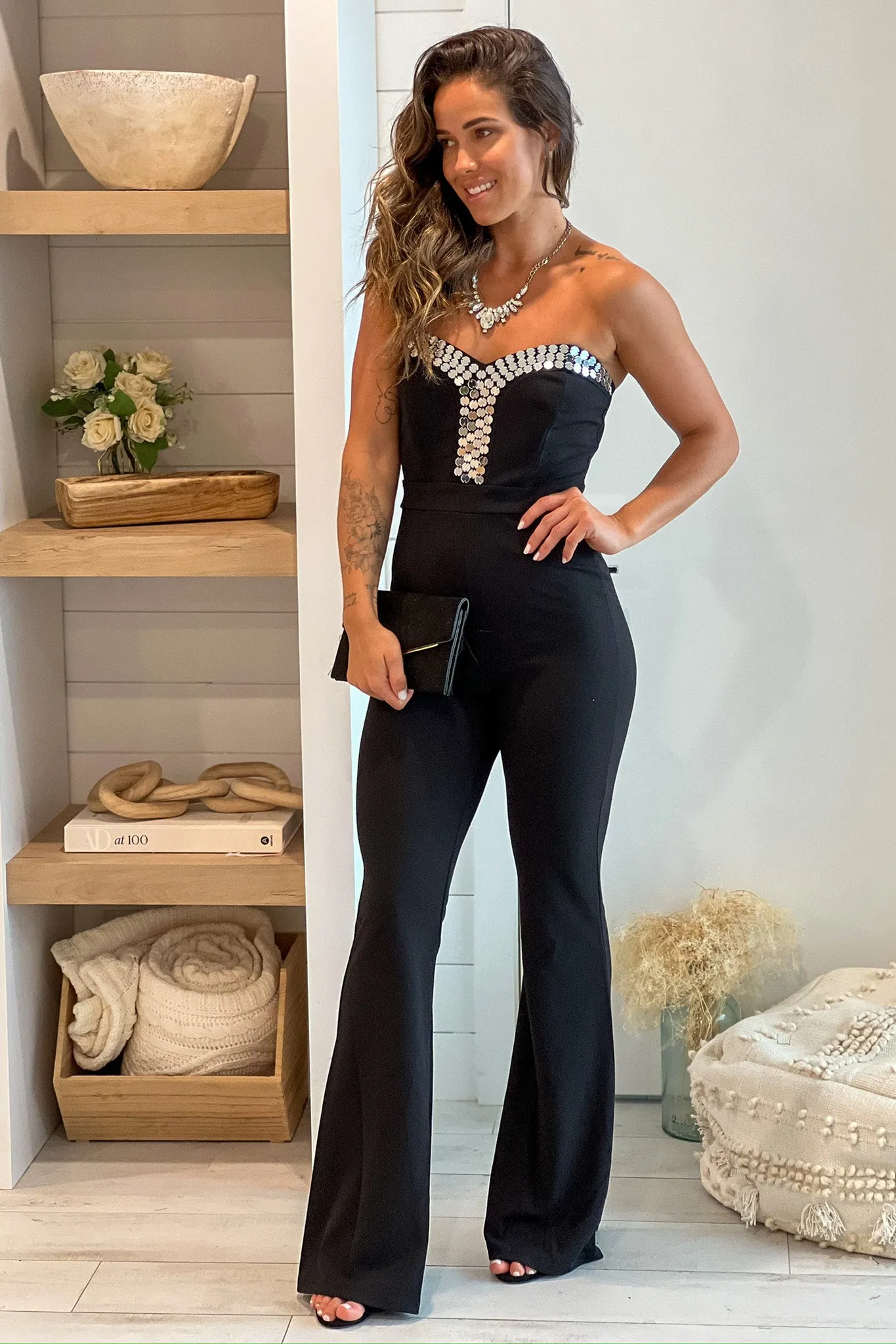 Black Strapless Jumpsuit With Details