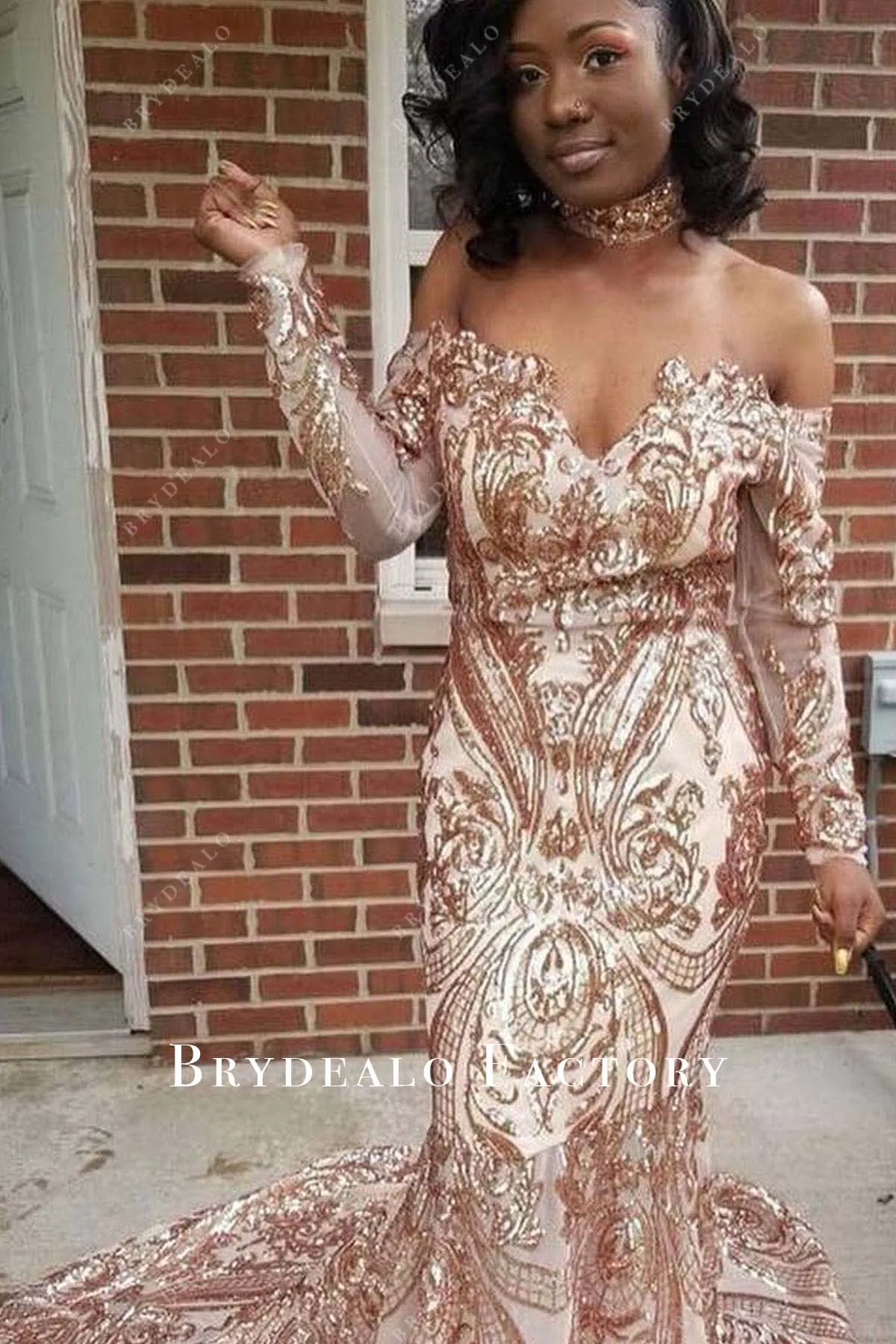 Champagne Gold Sequined Off Shoulder Mermaid Prom Dress