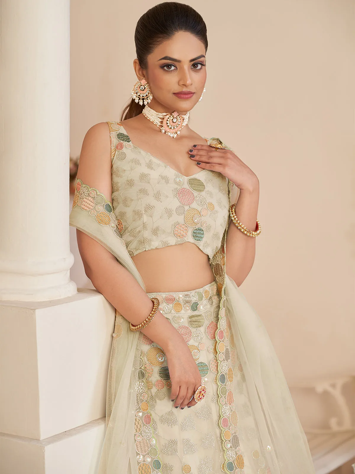 Cream Net Embroidered Semi stitched Lehenga With Unstitched blouse