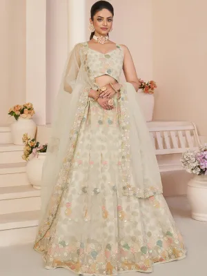 Cream Net Embroidered Semi stitched Lehenga With Unstitched blouse