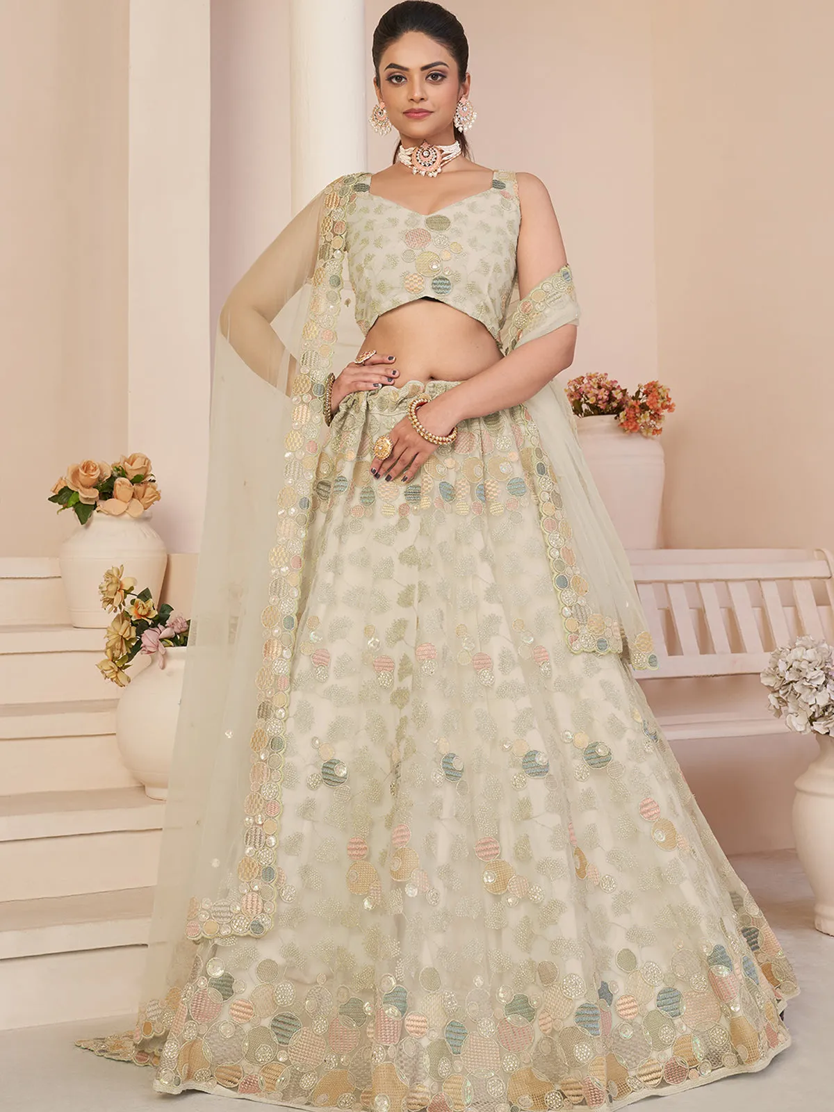 Cream Net Embroidered Semi stitched Lehenga With Unstitched blouse