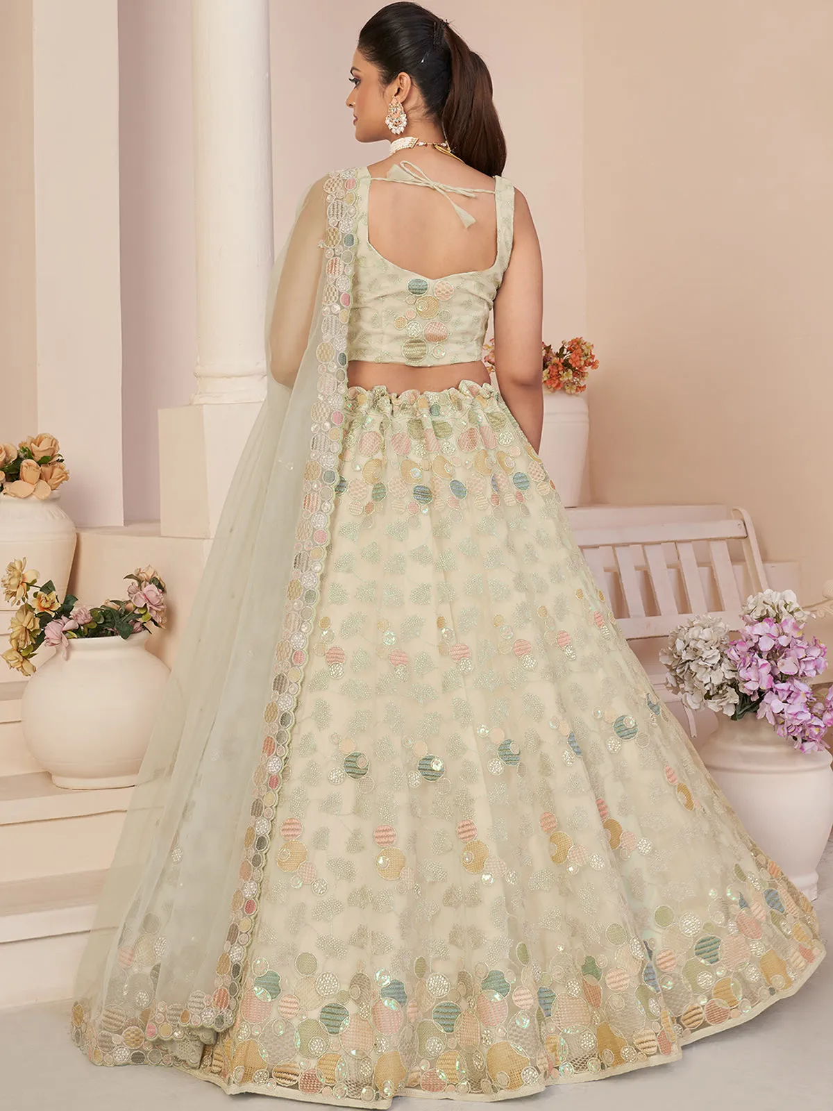 Cream Net Embroidered Semi stitched Lehenga With Unstitched blouse