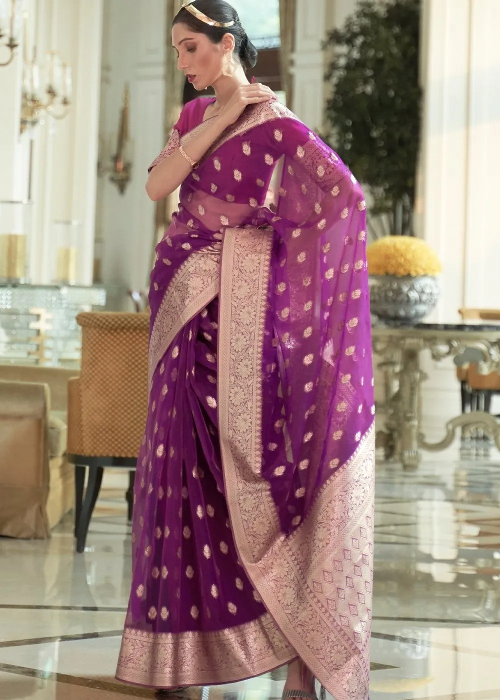 Dark Orchid Purple Zari Woven Organza Silk Saree