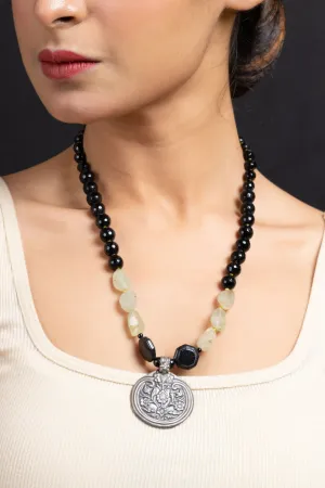 Elegant 925 Pure Silver Pendant Necklace with Green Black Semi-Precious Stone, Handcrafted Design