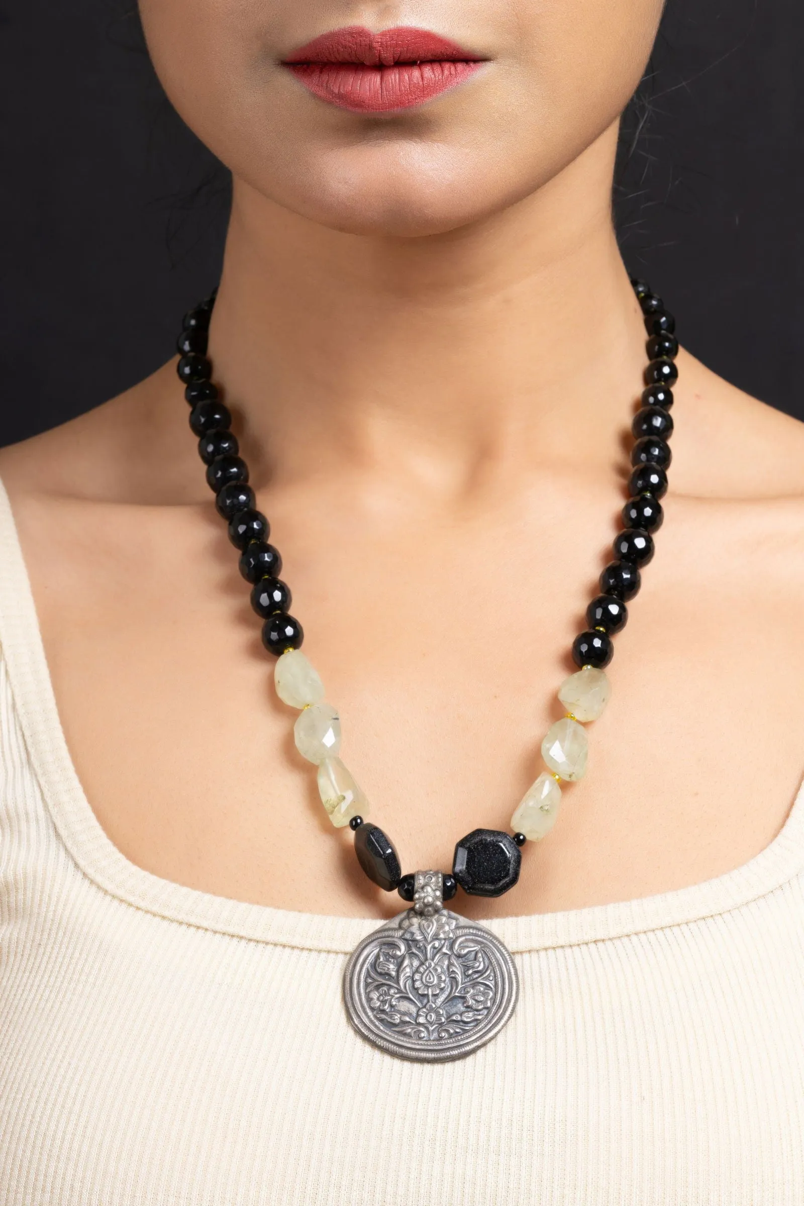 Elegant 925 Pure Silver Pendant Necklace with Green Black Semi-Precious Stone, Handcrafted Design