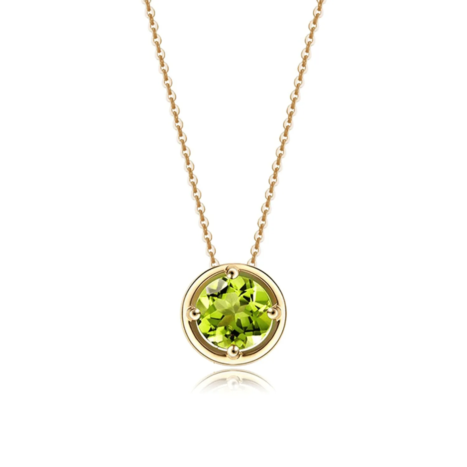 FANCIME Round Birthstone Peridot 14K Solid Yellow Gold Necklace