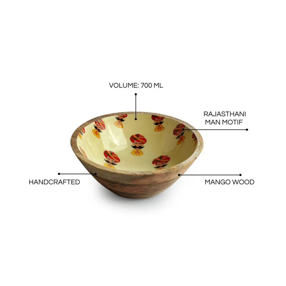 'Folk Musicians' Handenamelled Serving Salad Bowl (19.8 cm, 700 ml, Mango Wood, Handcrafted)