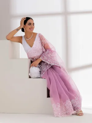 Galaxy Lilac Saree With White Embroidery