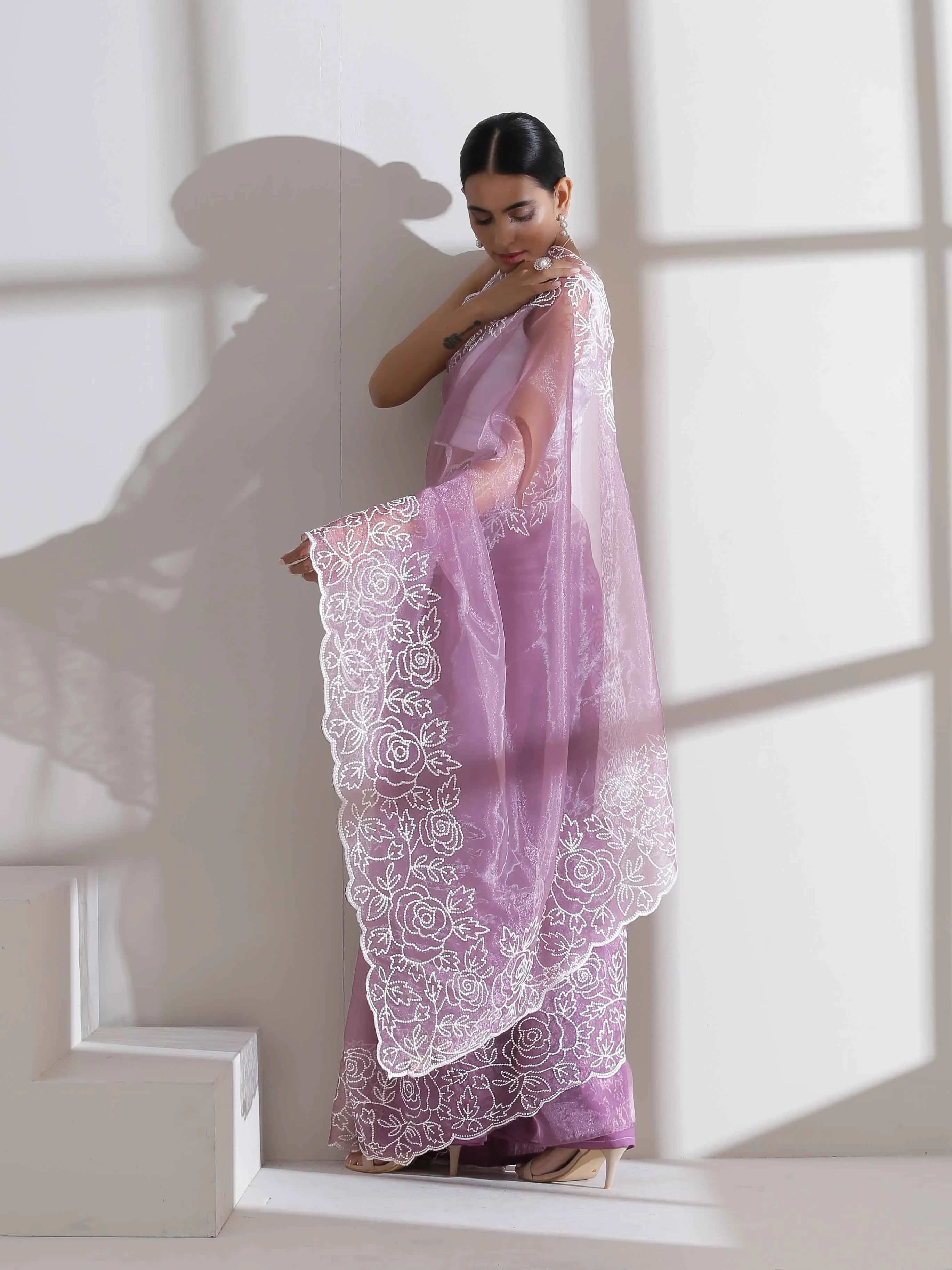 Galaxy Lilac Saree With White Embroidery