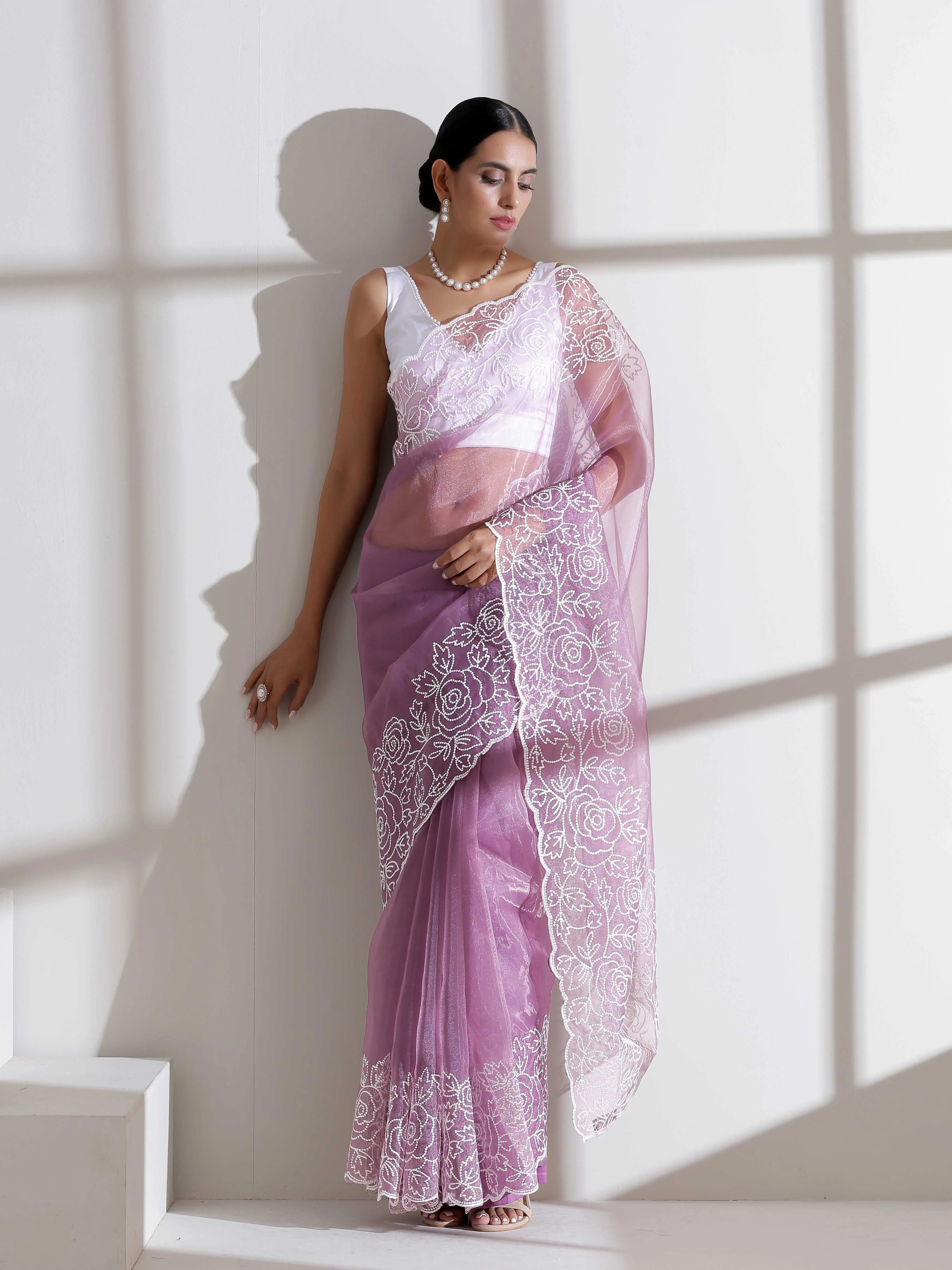 Galaxy Lilac Saree With White Embroidery