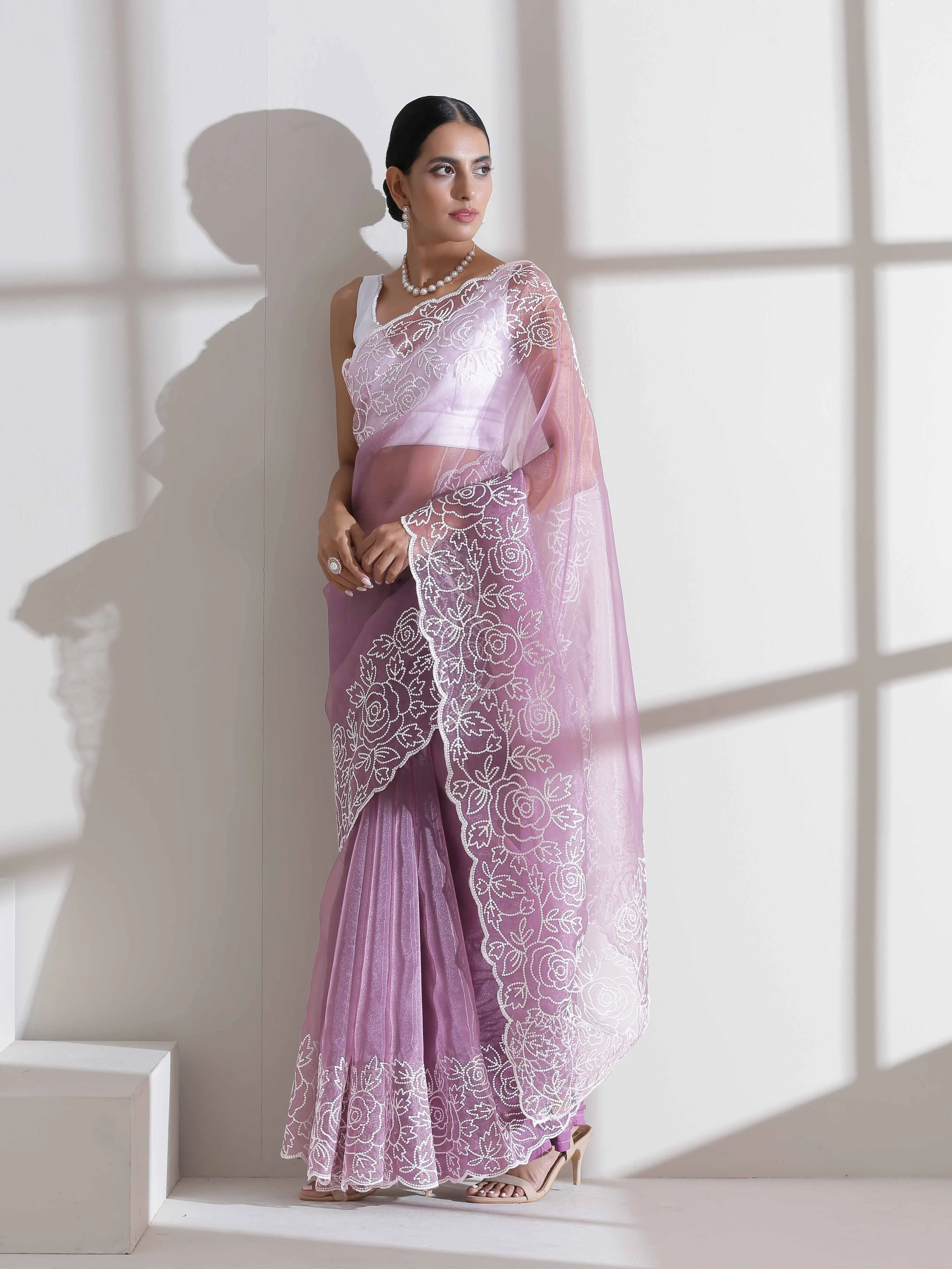 Galaxy Lilac Saree With White Embroidery