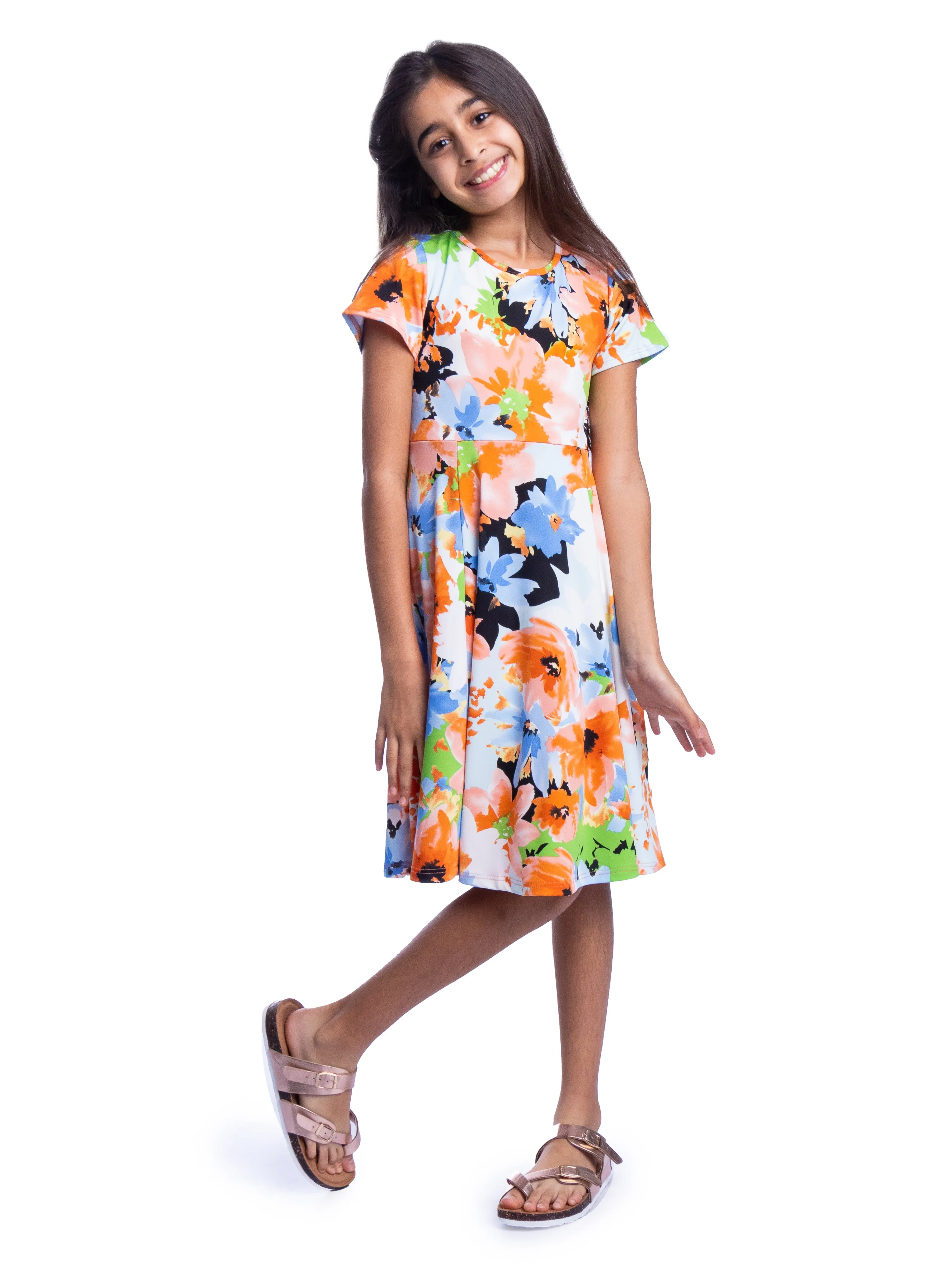 Girls Floral Print Knee Length Short Sleeve Flowy Dress