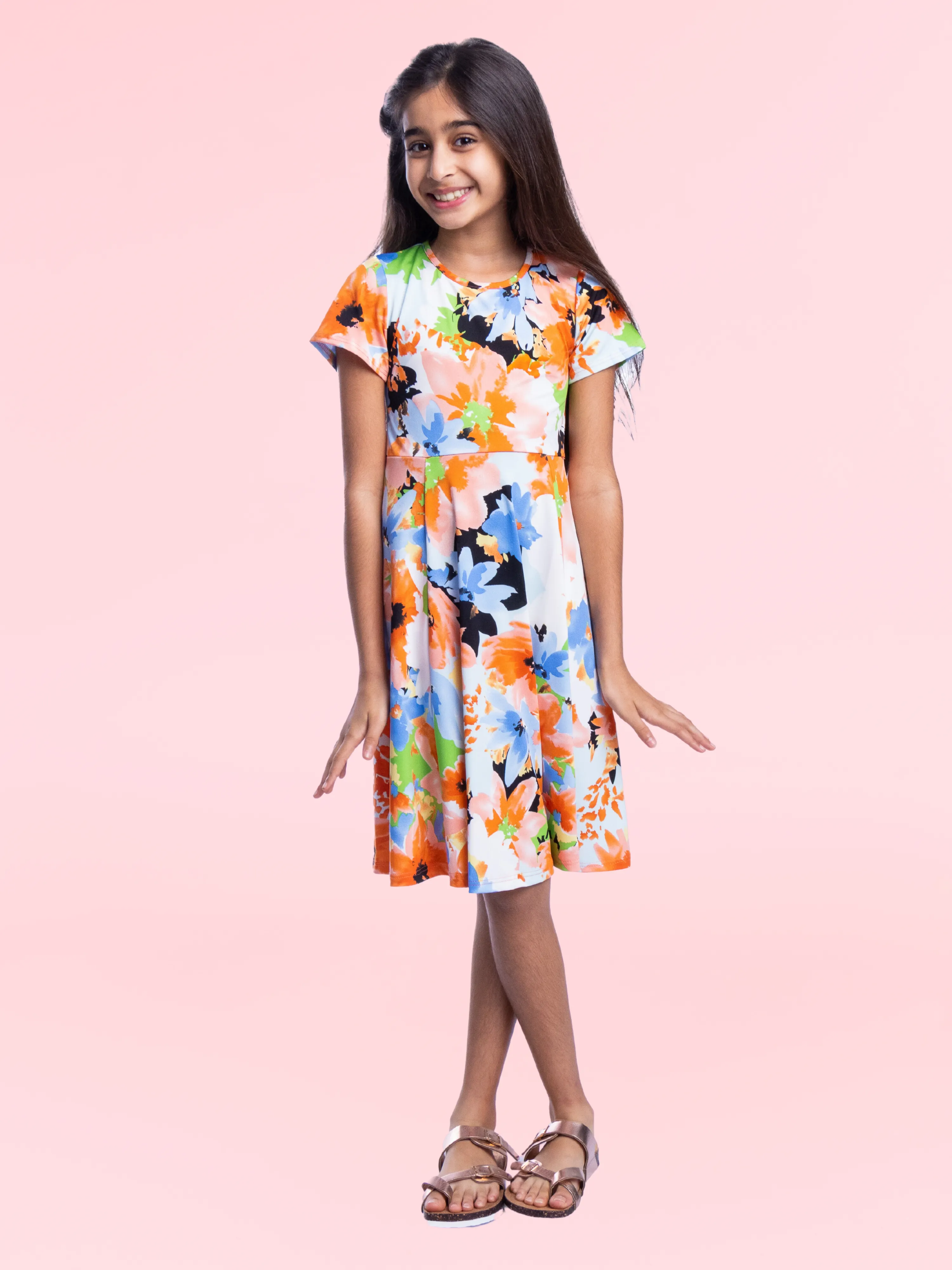 Girls Floral Print Knee Length Short Sleeve Flowy Dress