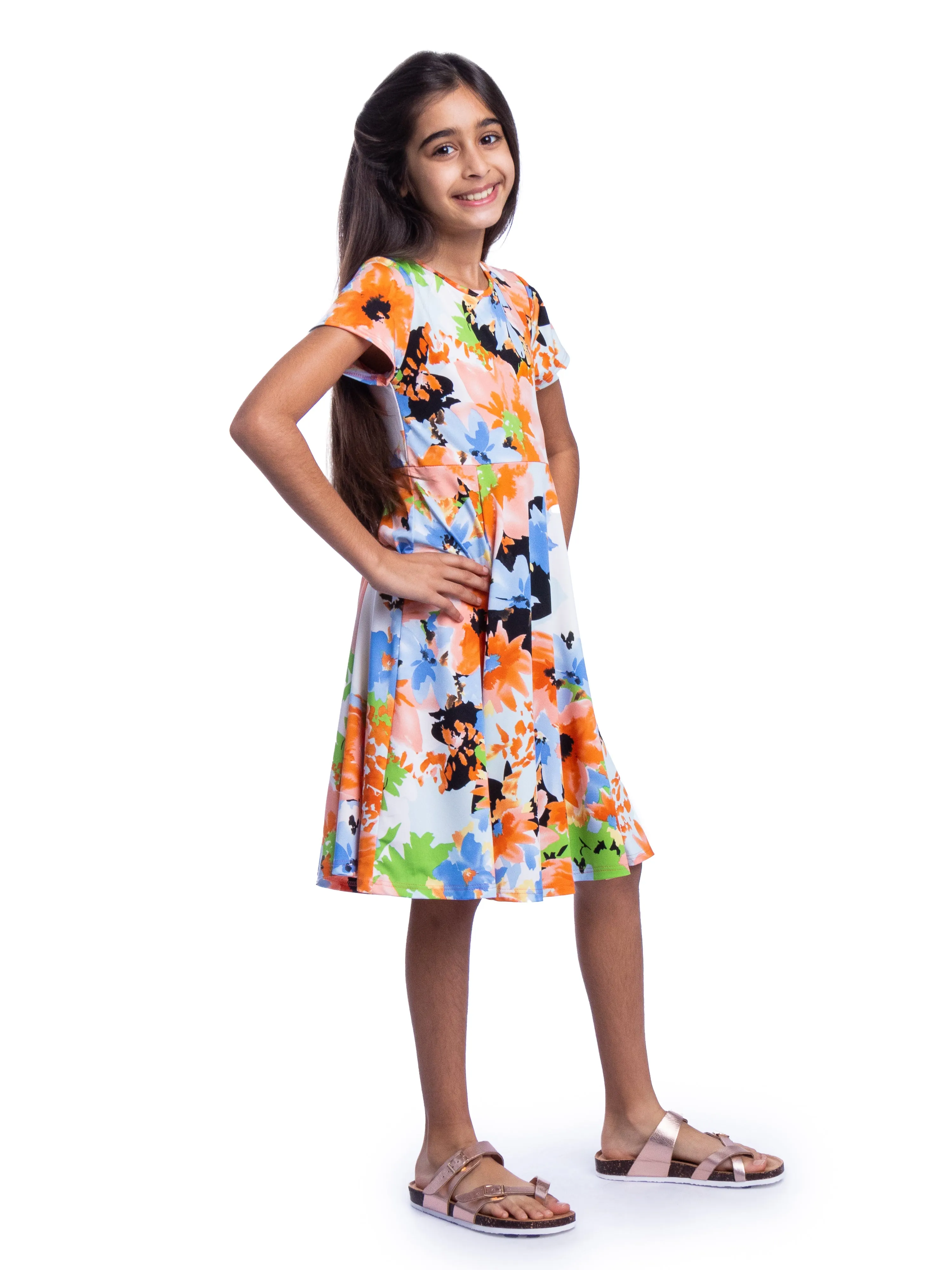 Girls Floral Print Knee Length Short Sleeve Flowy Dress