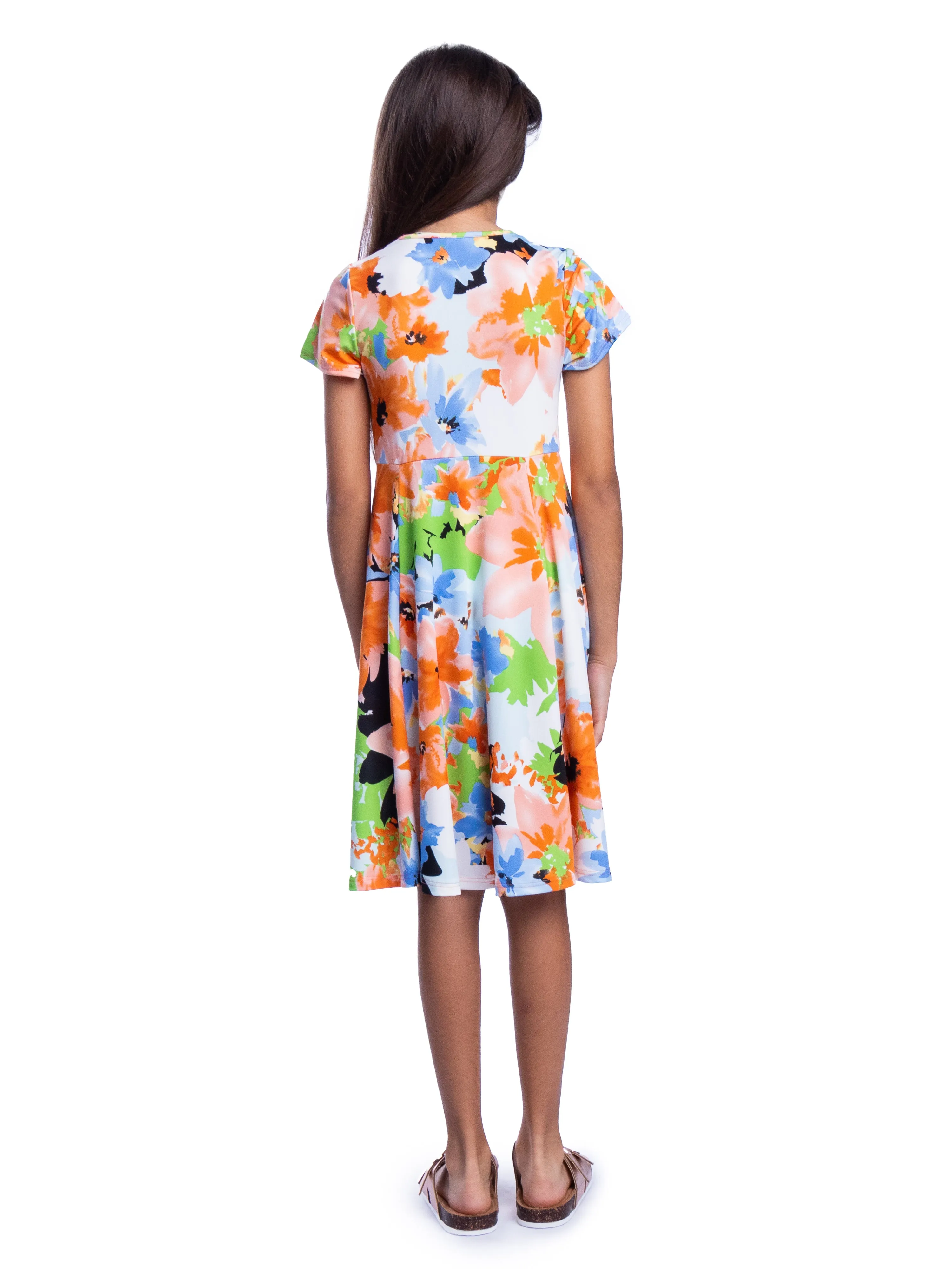 Girls Floral Print Knee Length Short Sleeve Flowy Dress