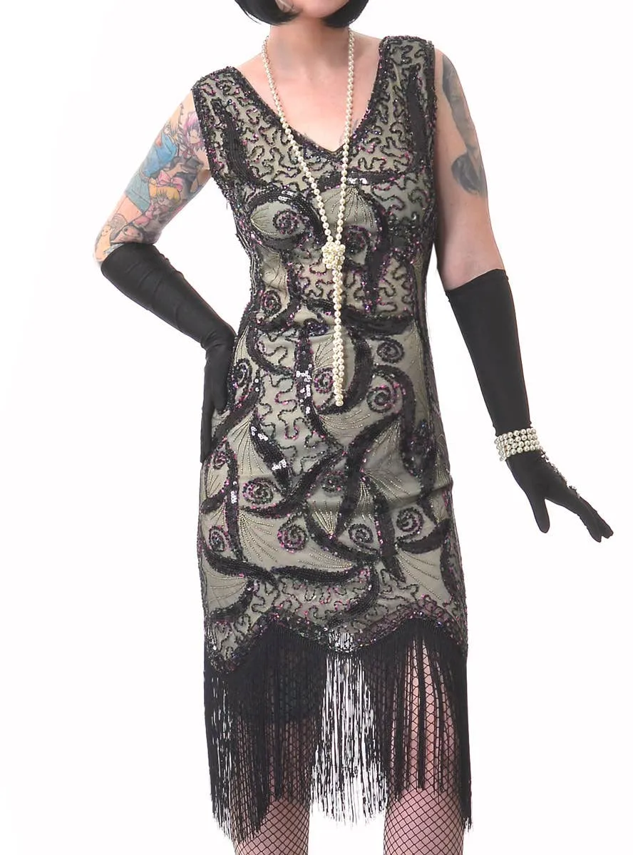 Glam Olive and Black Sequin Womens 1920s Costume