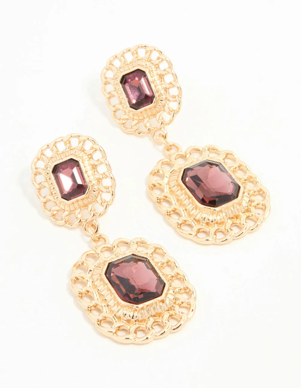 Gold Red Diamante Chain Edge Drop Earrings