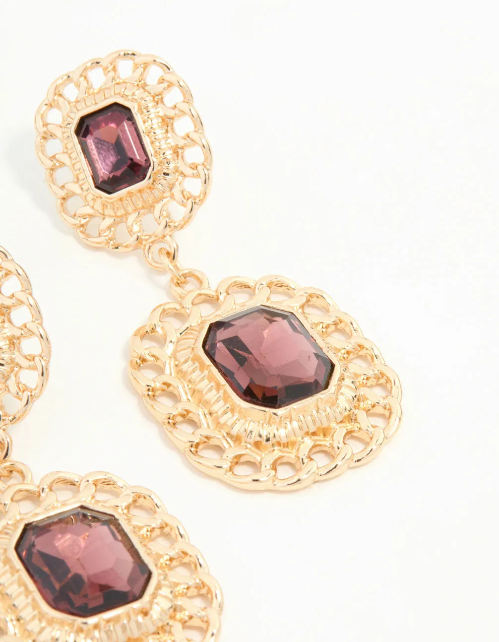 Gold Red Diamante Chain Edge Drop Earrings