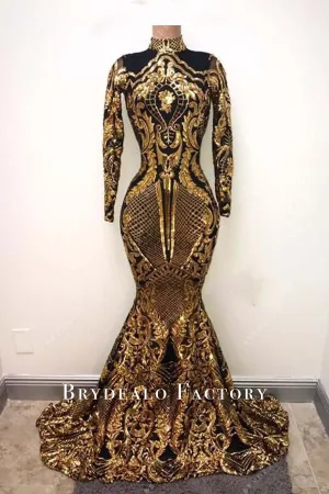 Gold Sequin Overlaid Black High Neck Long Sleeve Mermaid Prom Dress