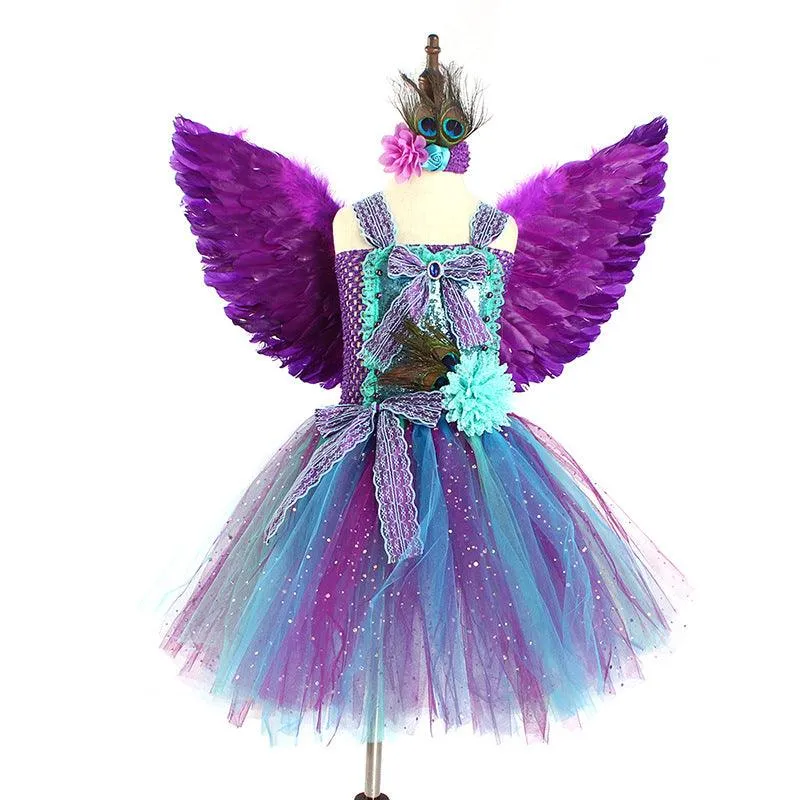 Halloween cosplay costumes Girl's Fashion Feather Peacock Princess Skirt Rainbow Fairy Wing Dress Carnival Birthday Banquet Halloween Stage Performance Dress