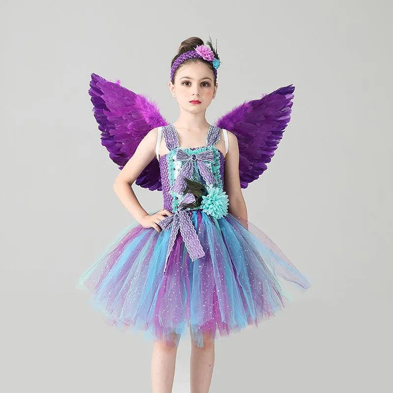 Halloween cosplay costumes Girl's Fashion Feather Peacock Princess Skirt Rainbow Fairy Wing Dress Carnival Birthday Banquet Halloween Stage Performance Dress